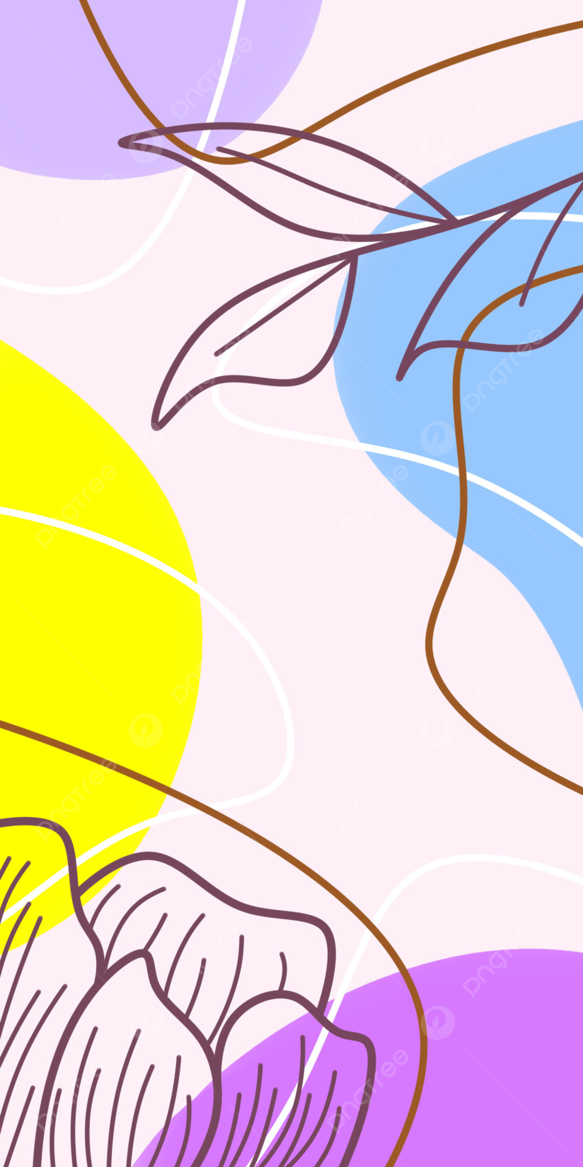 Abstrakte Formen, Linienkunst, Blätter, Lila, Gelb, Full HD, Hintergrundbild fürs Handy