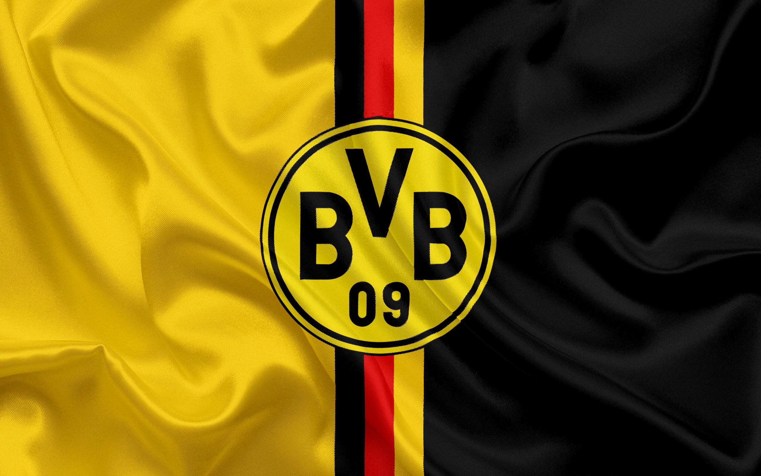 BVB-Logo, Borussia Dortmund, Flagge, Schwarz-Gelb, Seide, 2K, Laptop-Hintergrundbild