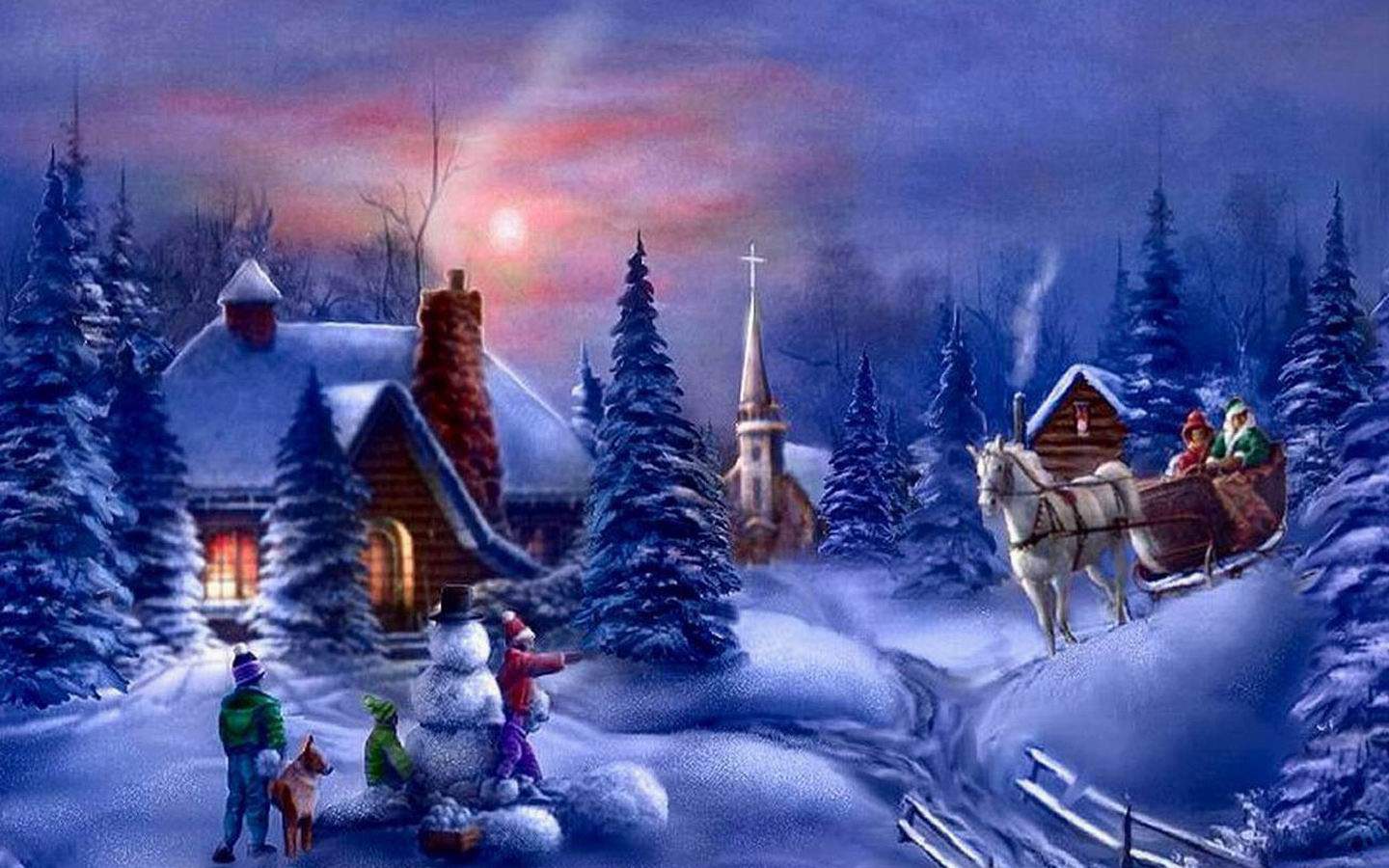 Winterdorf, Pferdeschlitten, Schneemann, Kirche, Gemälde, Nacht, HD, Desktop-Hintergrund