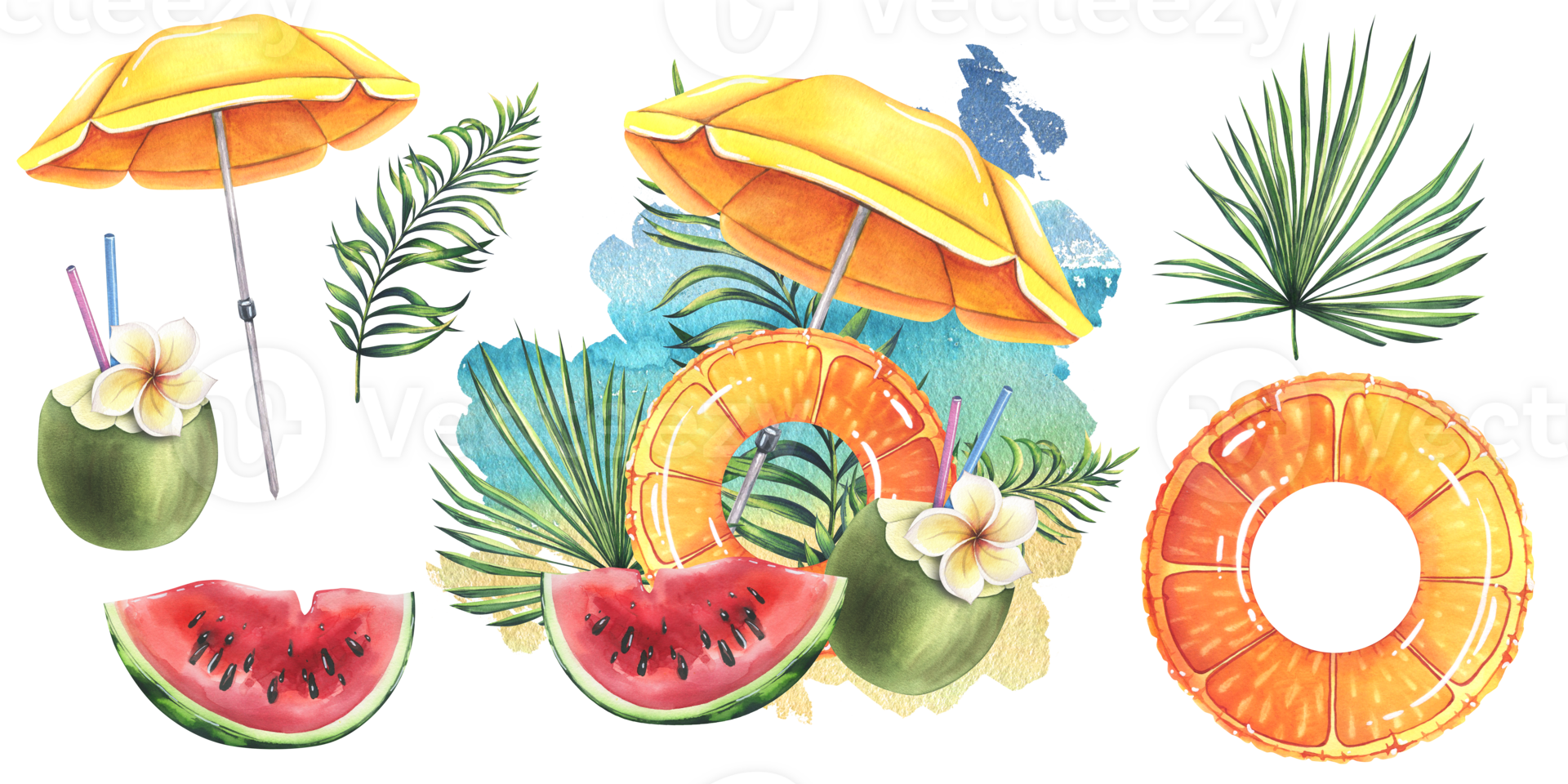 Sonnenschirm, Wassermelone, Kokosnuss, Schwimmring, Illustration, Schwarzer Hintergrund, Full HD Wallpaper