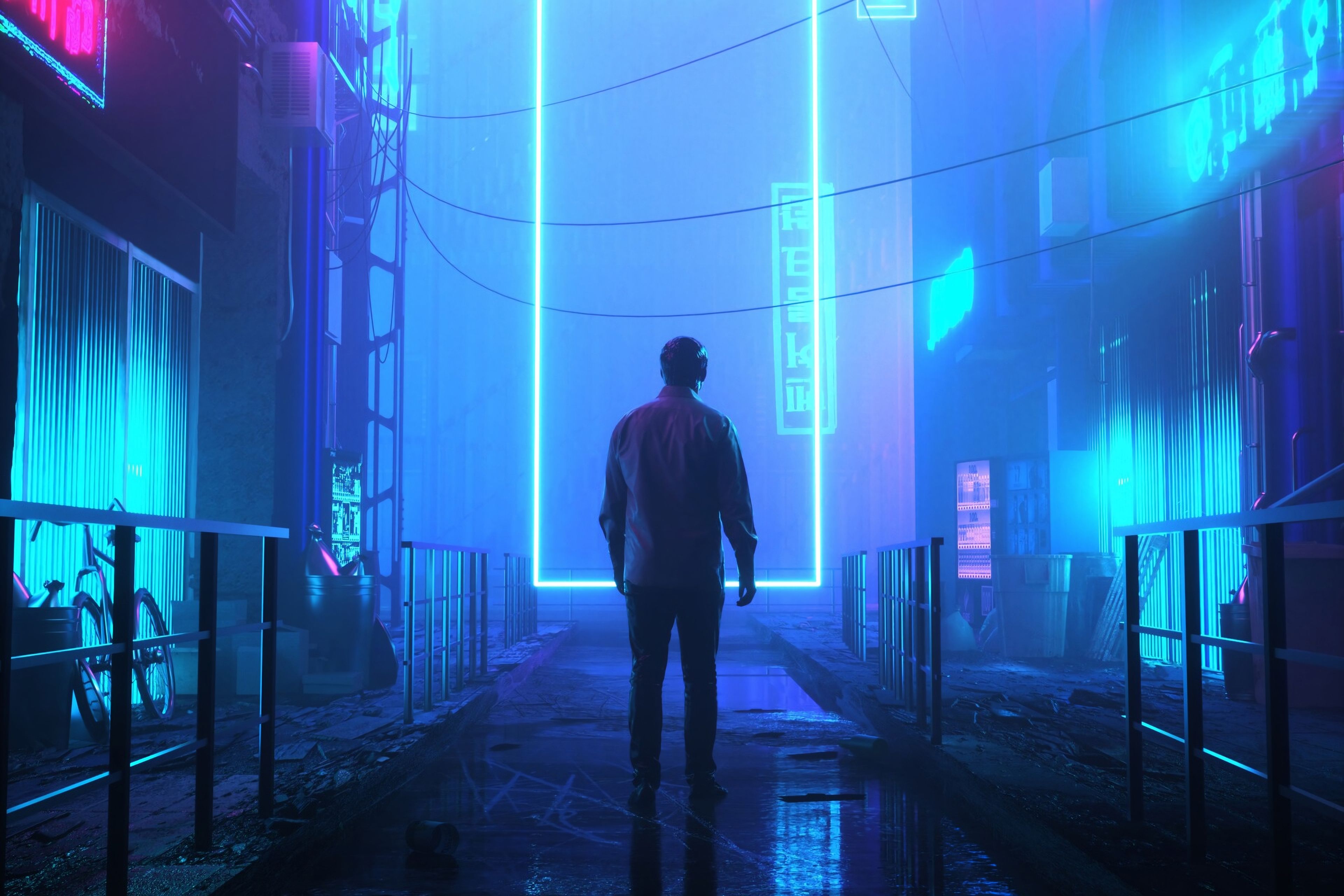 Mann, Rückansicht, Neonportal, Blau, Stadt, 4K, Hintergrundbild für den PC