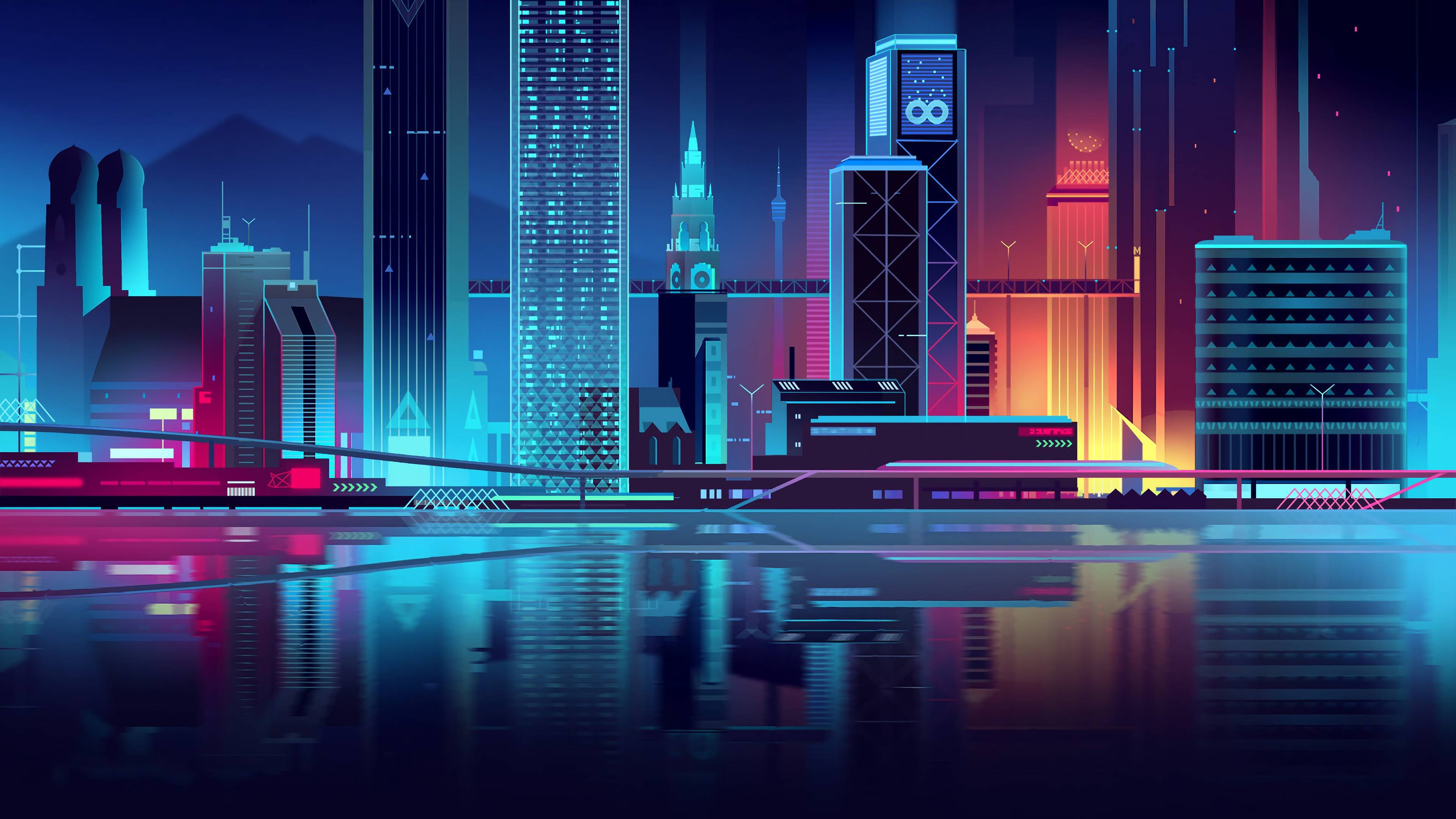 Skyline, Wolkenkratzer, Spiegelung, Türkis, Illustration, 4K, Windows-Hintergrundbild