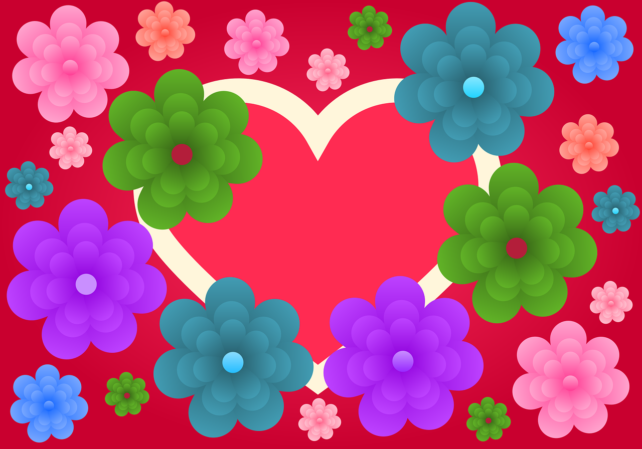 Rotes Herz, Bunte Blumen, Illustration, Valentinstag, HD, Hintergrundbild für den PC