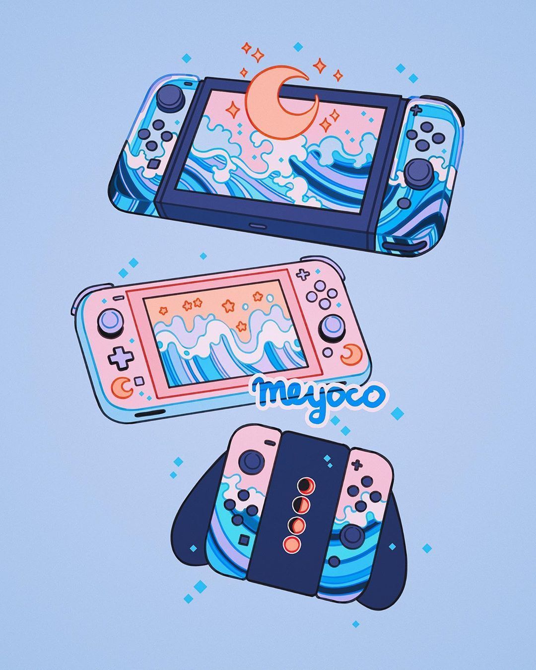 Nintendo Switch, Meyoco, Illustration, Hellblau, Wellen, Full HD, Tablet-Hintergrund
