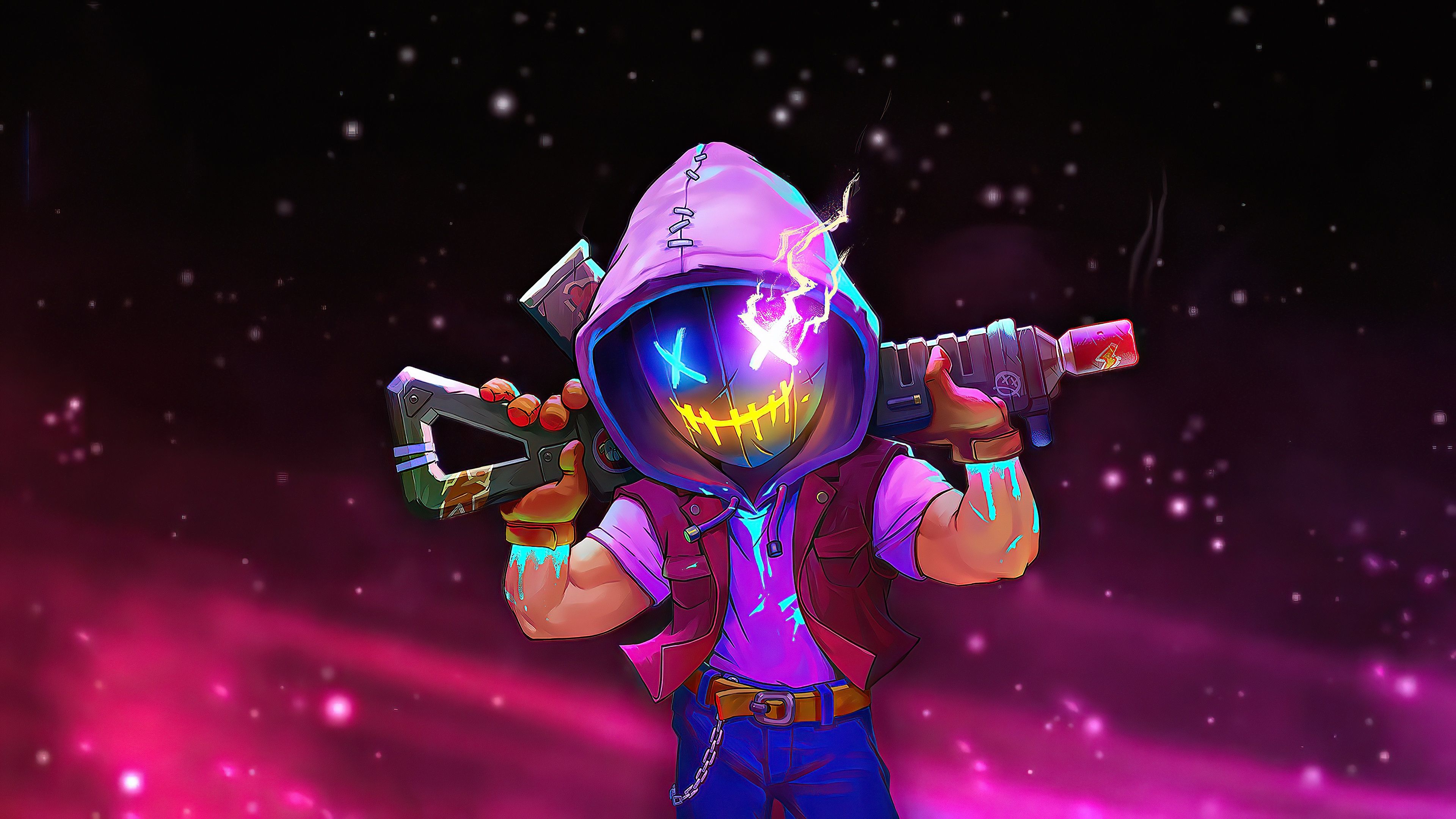 Kapuze, LED-Maske, Waffe, Pink, 3D-Figur, 4K, Hintergrund für den Desktop