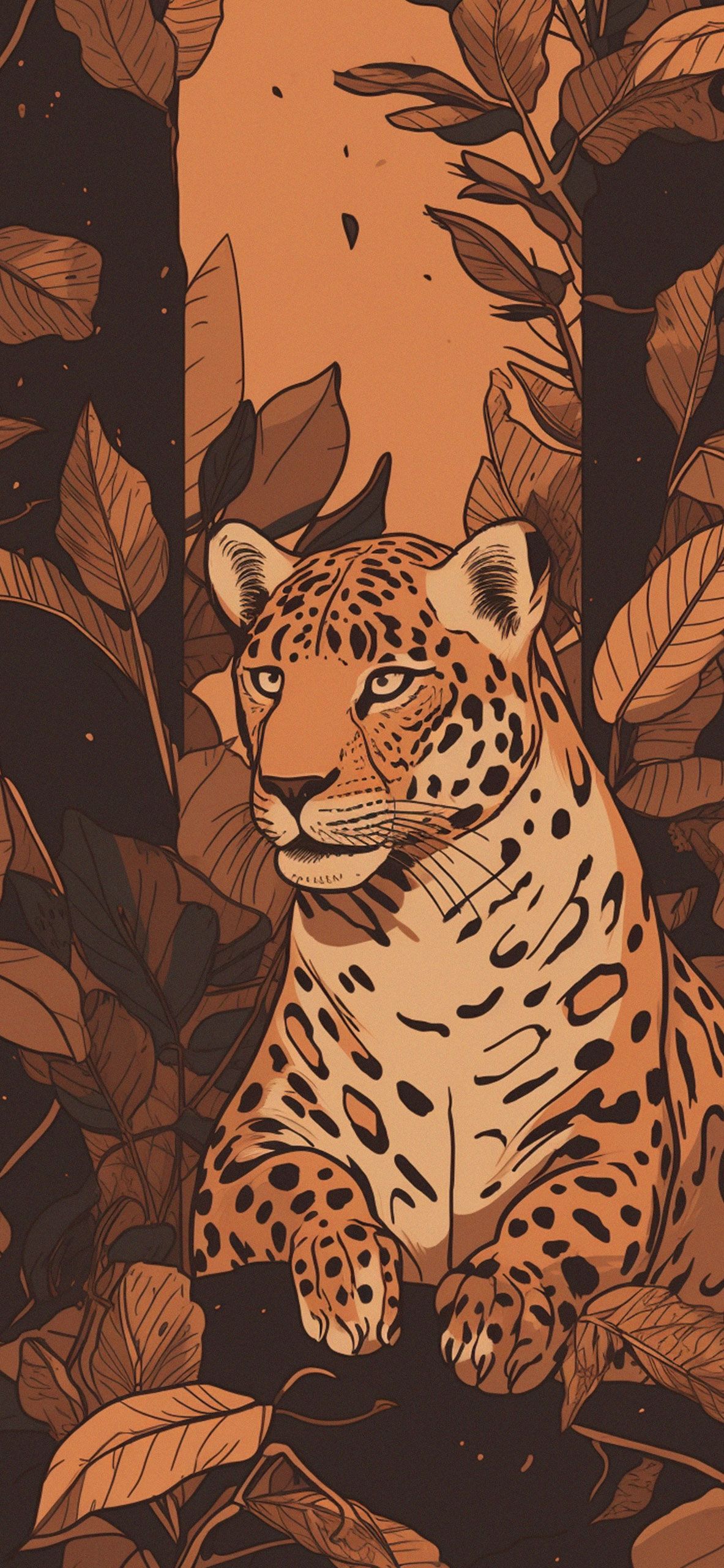 Leopard, Illustration, Dschungel, Blätter, Braun-Orange, Full HD, Handy-Hintergrund