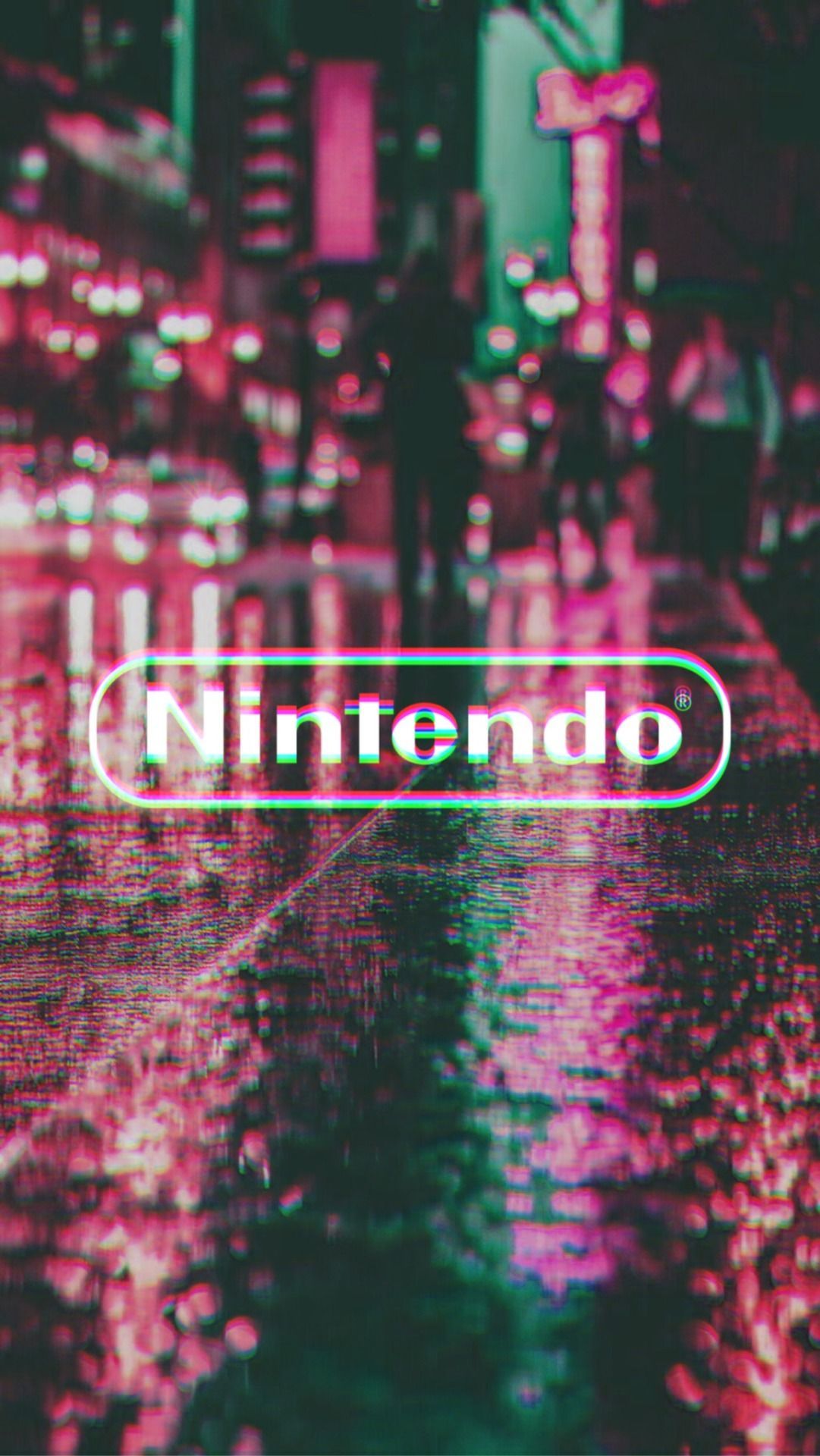 Nintendo, Logo, Regen, Stadt bei Nacht, Pink, Full HD, Handy-Hintergrund im Hochformat