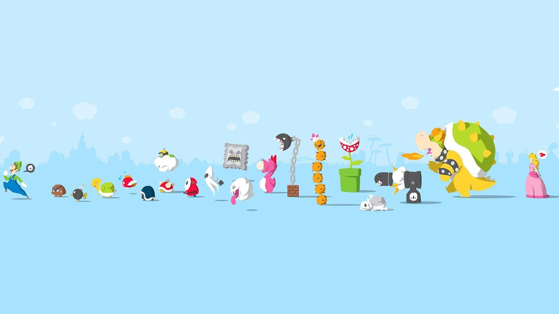 Super Mario, Bowser, Prinzessin Peach, Videospielfiguren, Hellblau, Full HD, Windows-Hintergrundbild