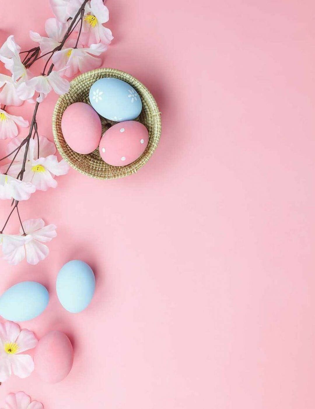 Ostereier, Nest, Kirschblüten, Rosa Hintergrund, Full HD Wallpaper