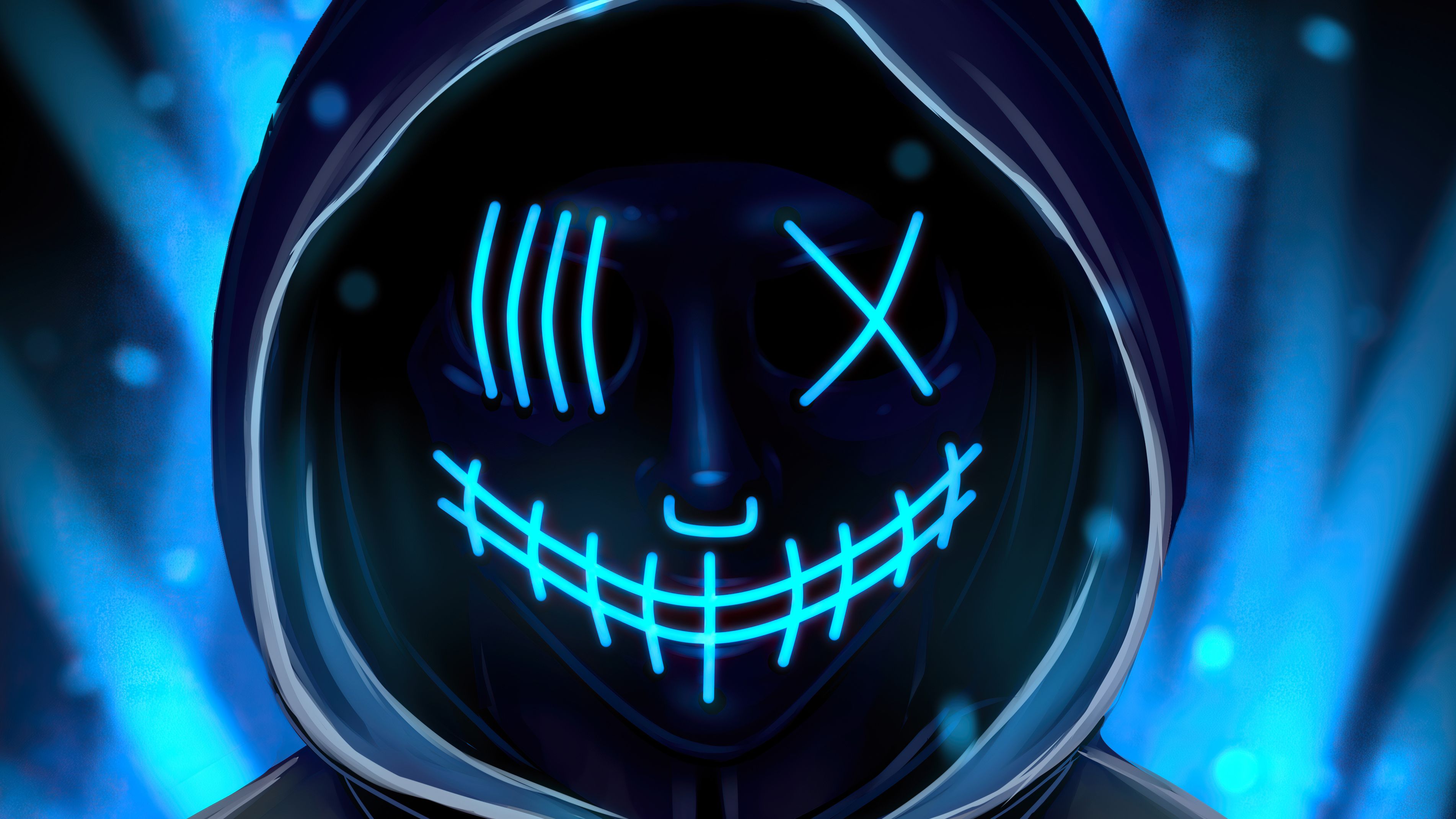 LED-Maske, Kapuze, Türkis, Blau, Dunkel, 16:9, 2K-Hintergrundbild für den Desktop