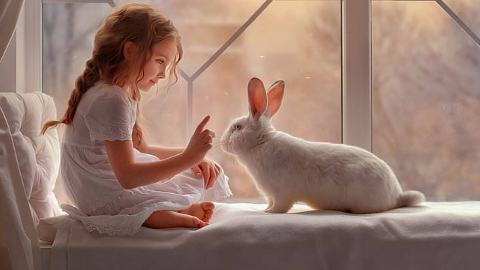 Mädchen mit Kaninchen, Weißes Kaninchen, Fensterbank, Warmes Licht, Freundschaft, 1080p Wallpaper