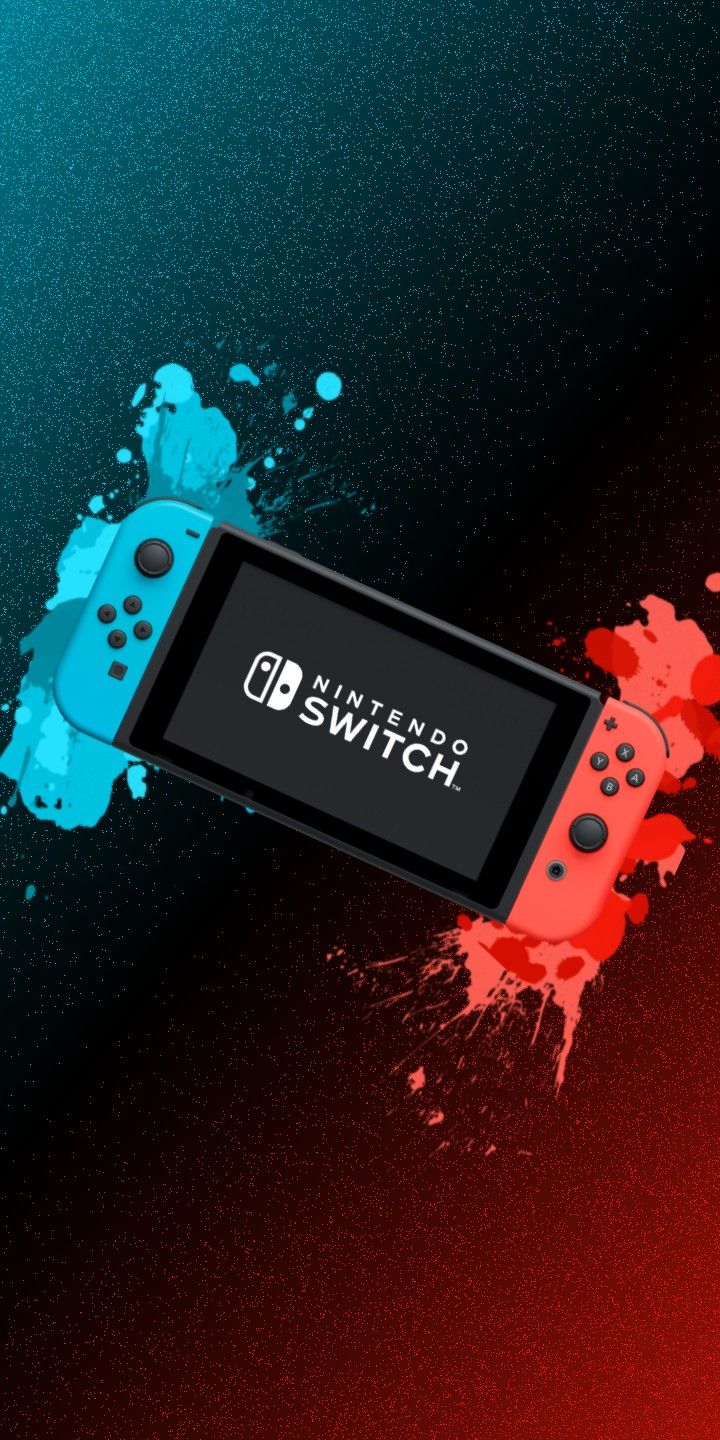 Nintendo Switch, Joy-Con, Farbspritzer, Blau, Rot, Hochformat, Hintergrundbild fürs Smartphone
