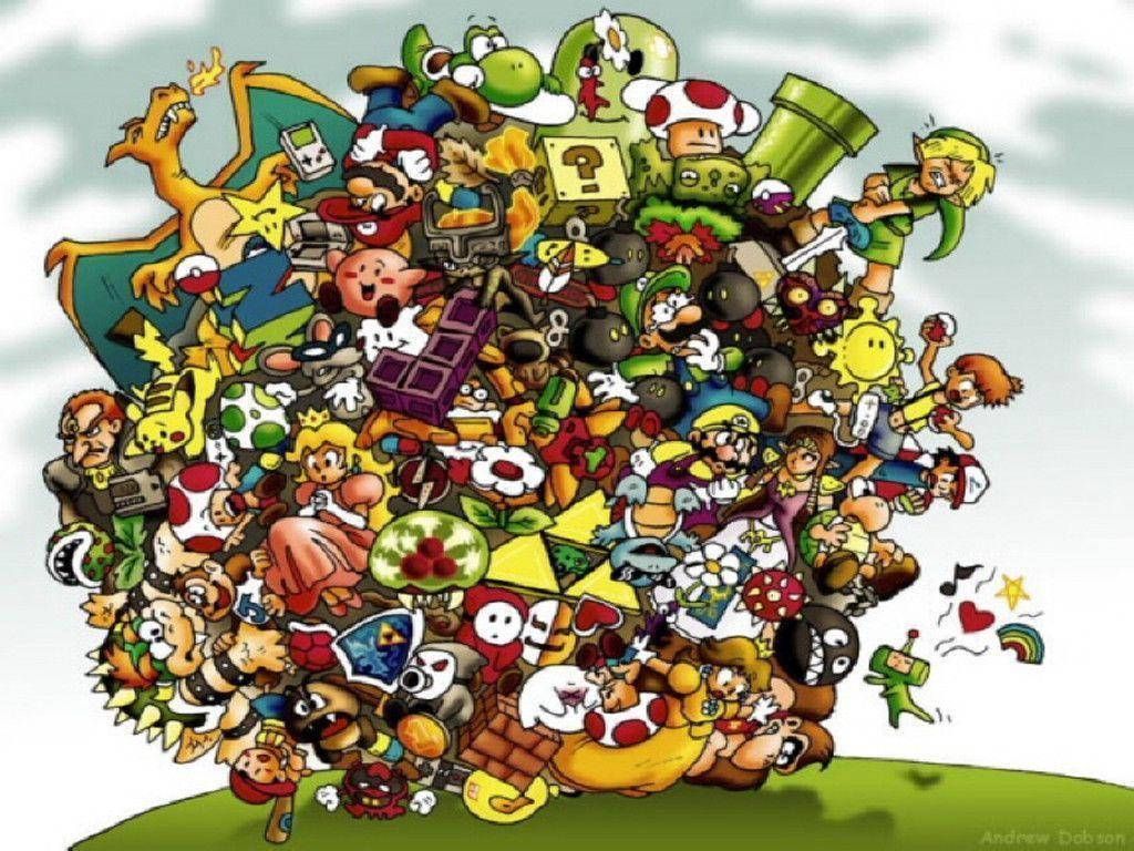 Super Mario, Mario, Luigi, Yoshi, Videospielfiguren, Wimmelbild, Hintergrundbild fürs iPad