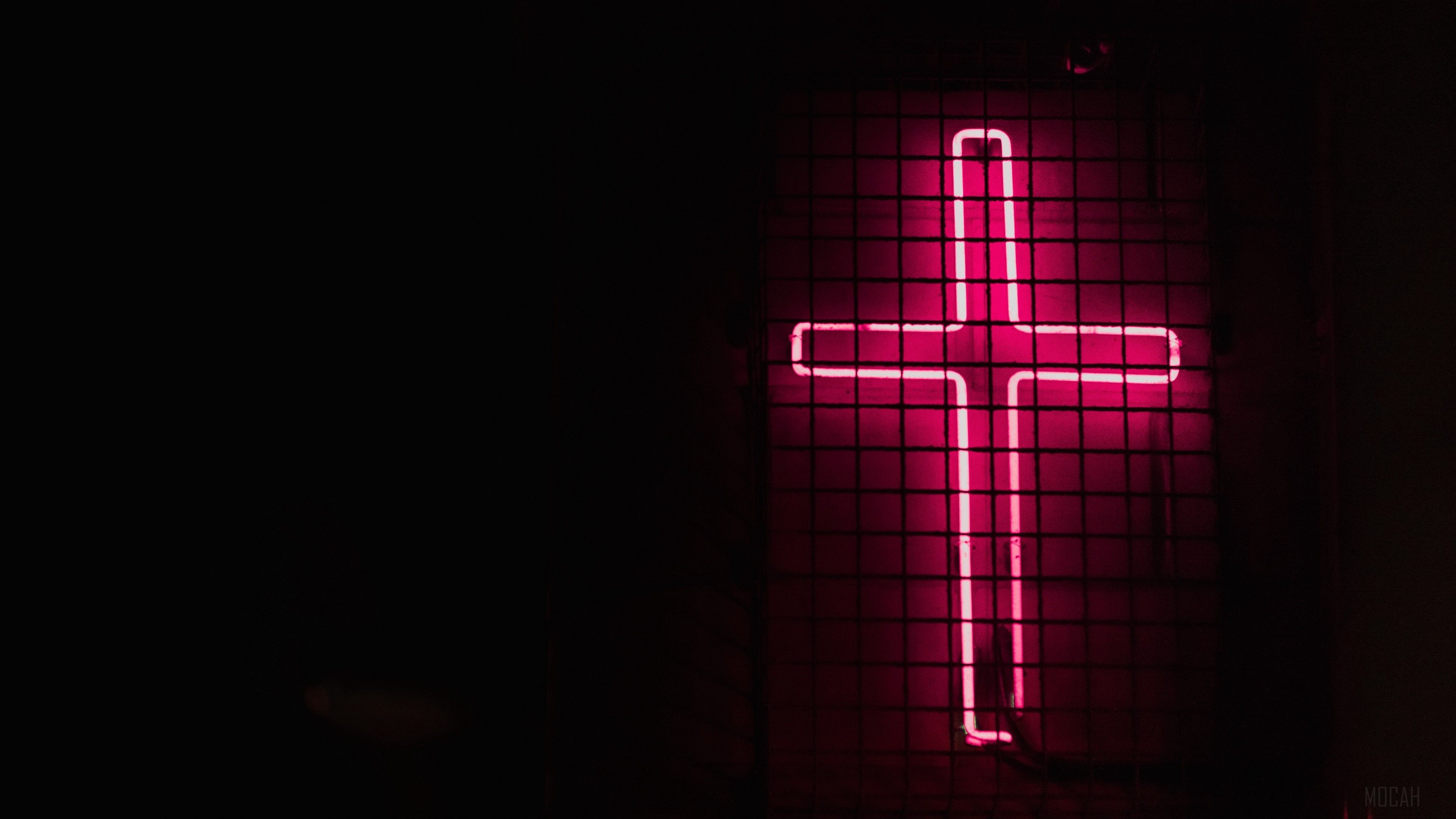 Kreuz, Neonschild, Rot, Dunkel, Gitter, 16:9, 4K-Hintergrundbild für den Desktop