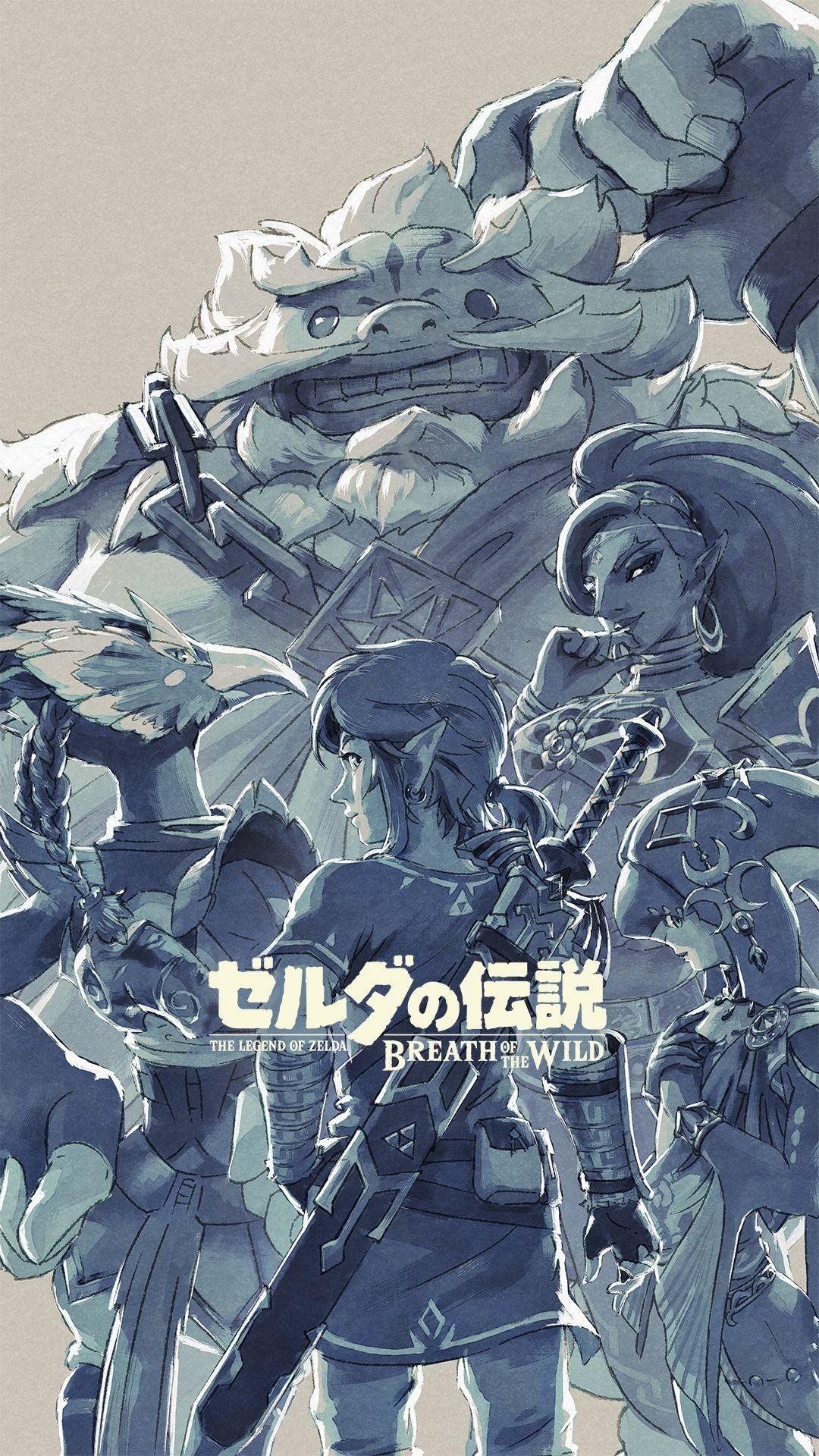 The Legend of Zelda, Link, Japanische Schrift, Blau, Grau, Full HD, iPhone-Hintergrundbild