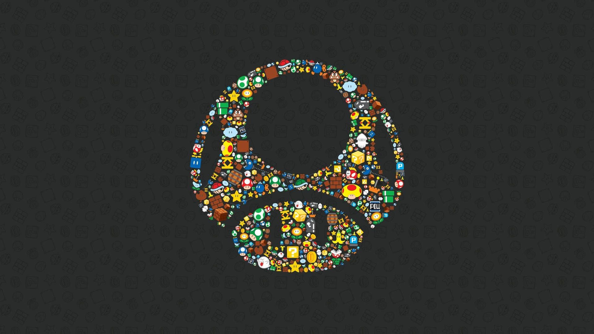 Super Mario, Pilz, Mosaik, Dunkelgrau, Full HD, Desktop-Hintergrund für Windows