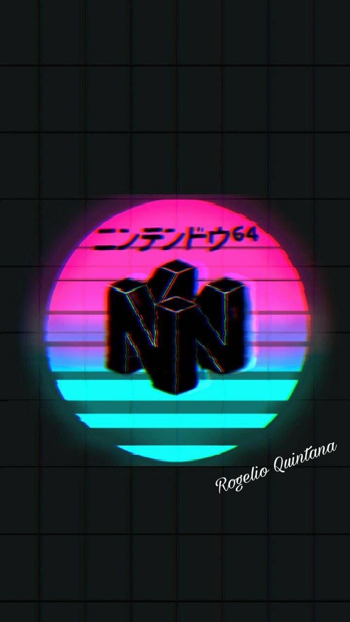 Nintendo 64, Japanische Schrift, Synthwave, Pink, Türkis, HD, Handy-Hintergrundbild