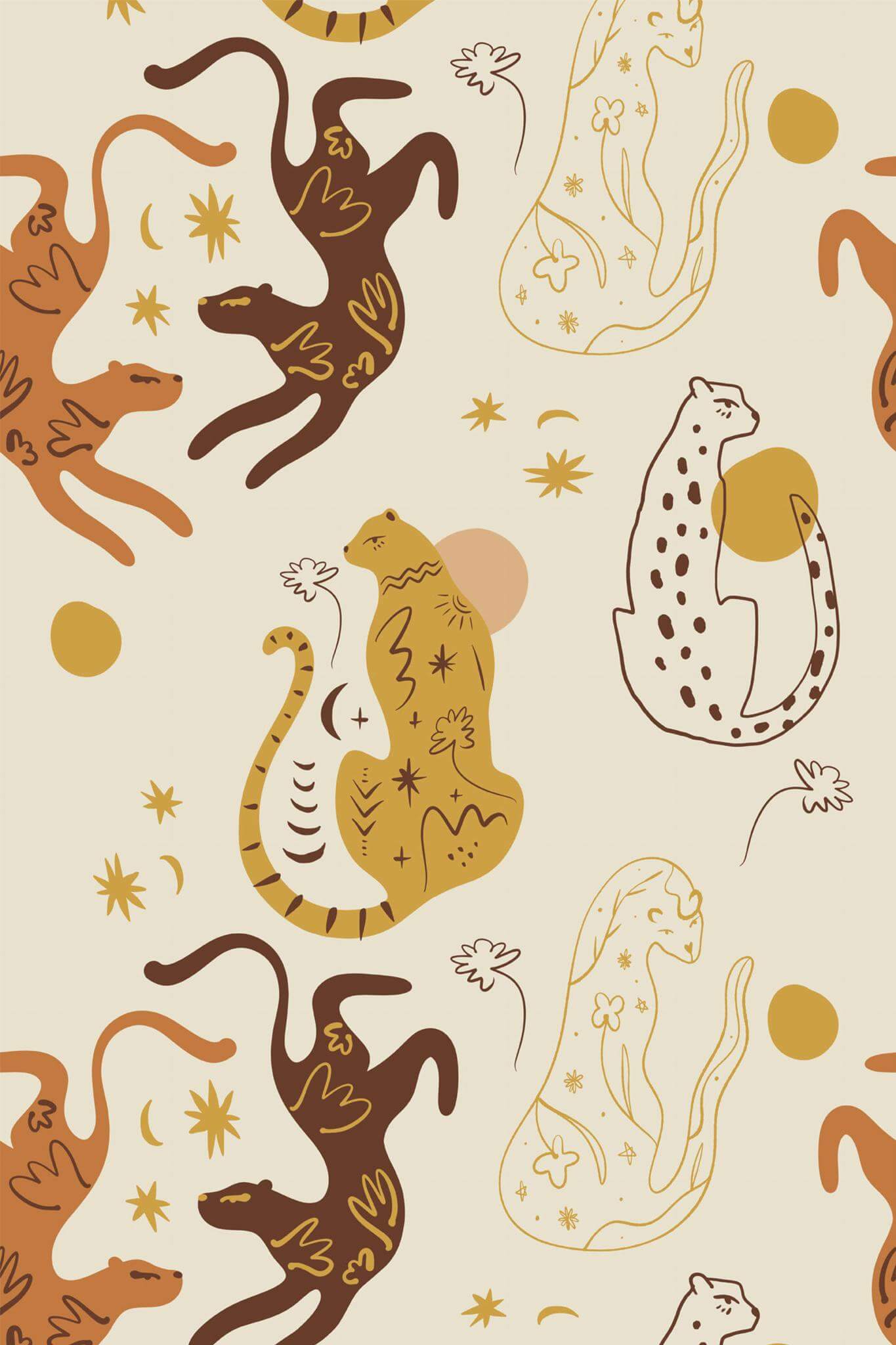 Raubkatzen, Leoparden, Boho-Illustration, Affen, Beige, Full HD, Sperrbildschirm fürs iPhone