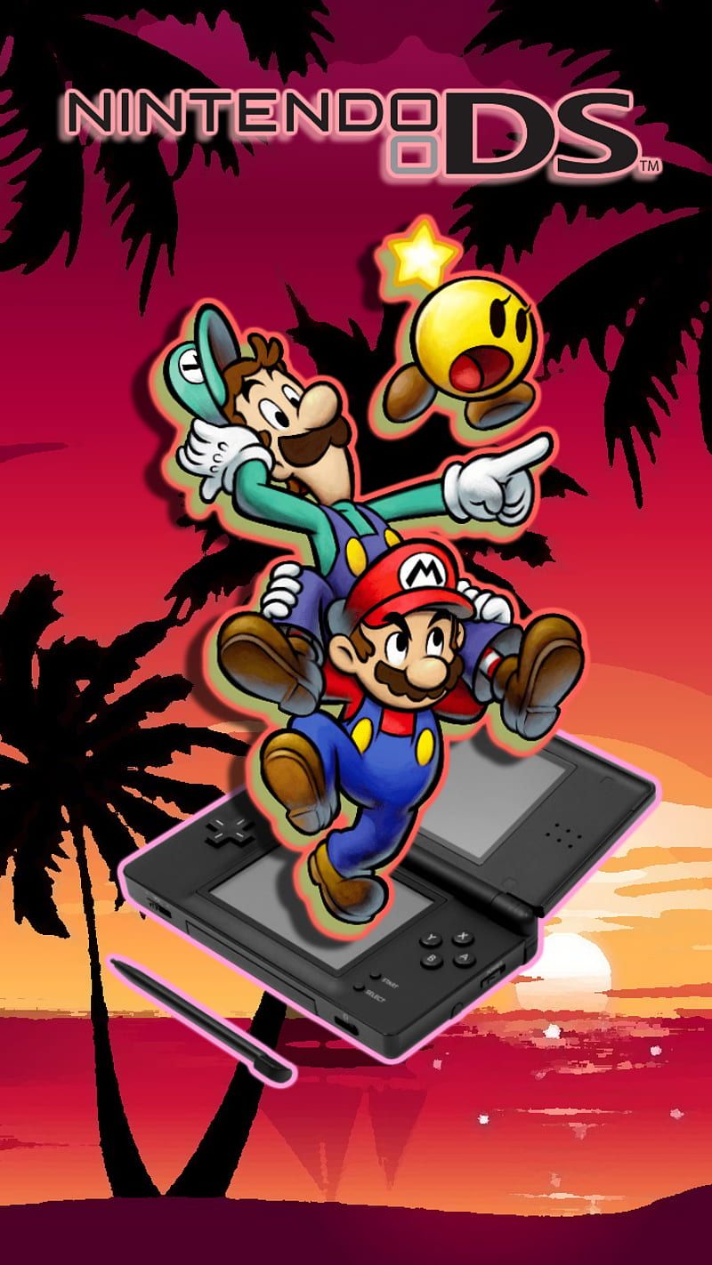 Nintendo DS, Mario, Luigi, Palmen, Sonnenuntergang, HD, Handy-Hintergrund im Hochformat