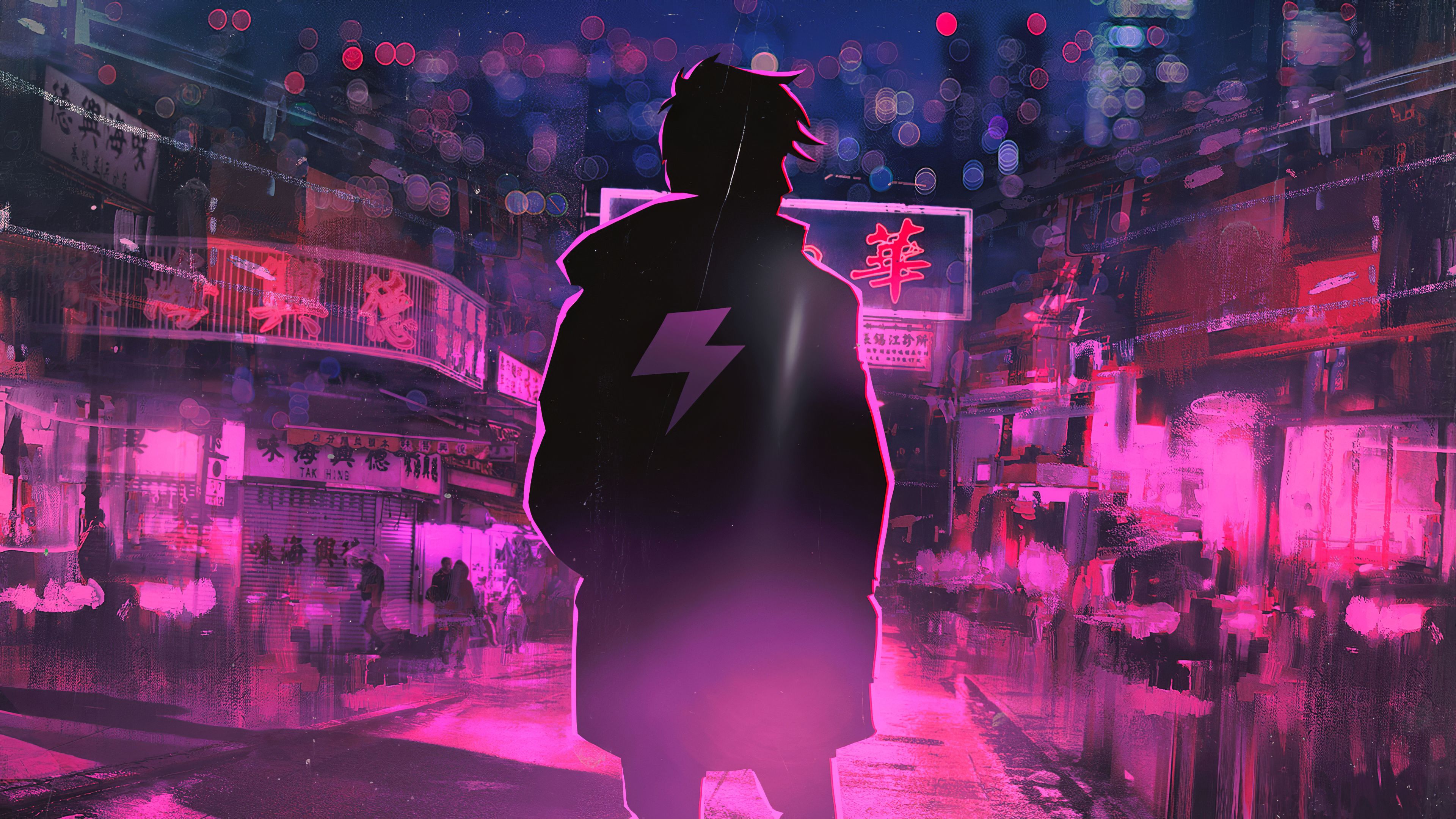 Anime-Figur, Rückansicht, Stadt, Pink, Nacht, 3840x2160, 4K-Hintergrundbild für PC