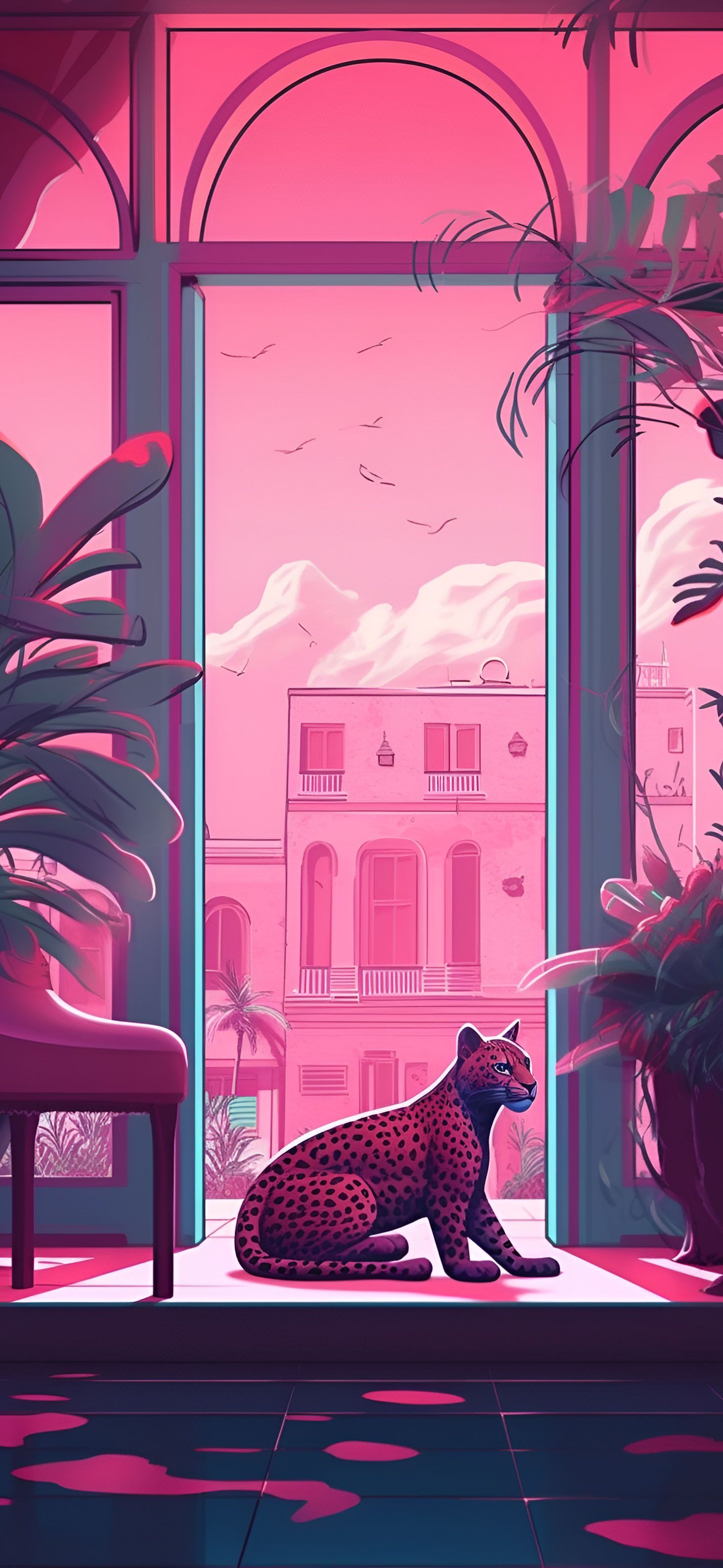 Panther, Pink, Fenster, Palmen, Digitale Kunst, QHD+, Hintergrundbild fürs Handy
