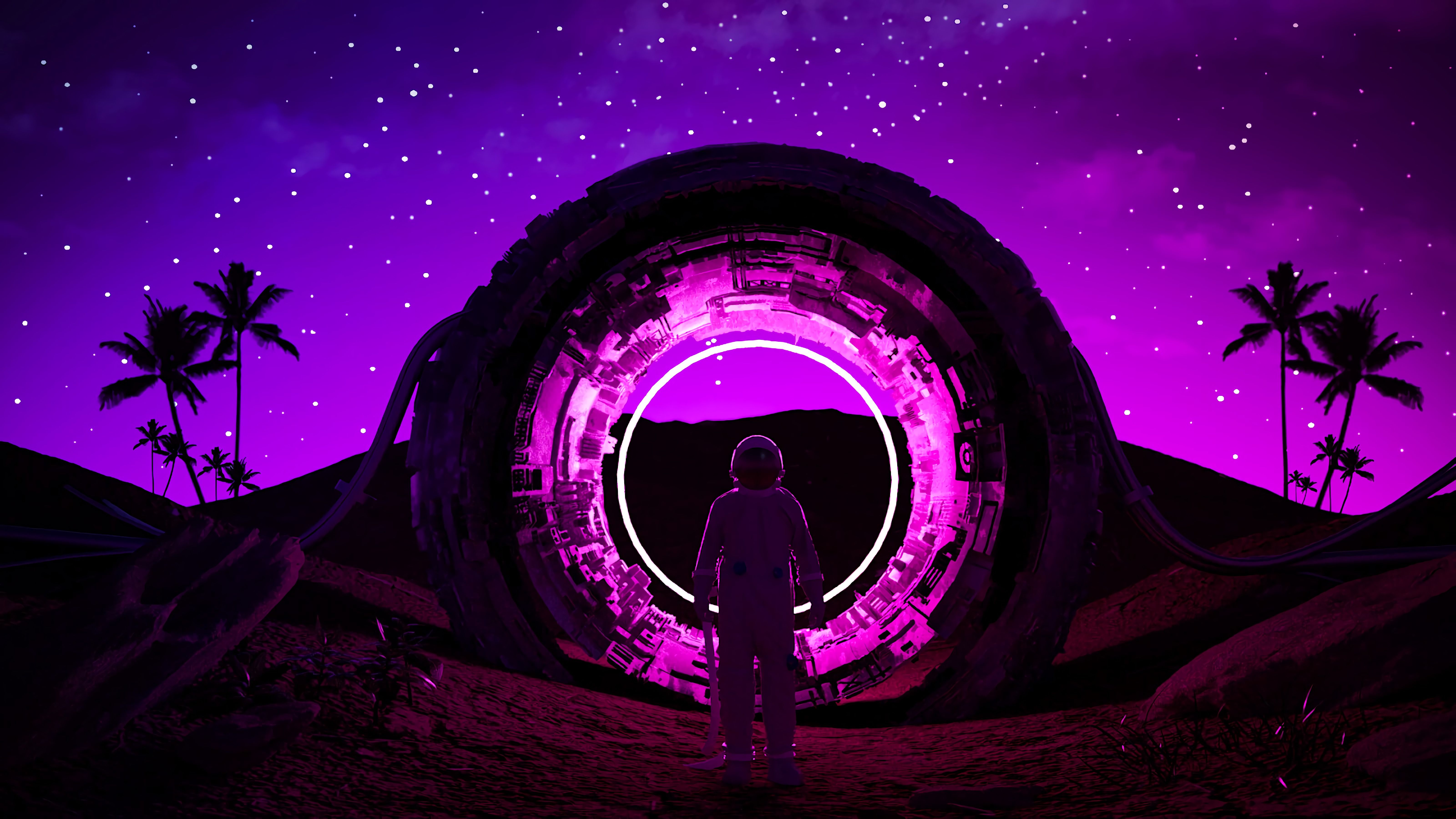 Portal, Ring, Palmen, Silhouette, Lila, Synthwave, 6K, Hintergrundbild für den PC