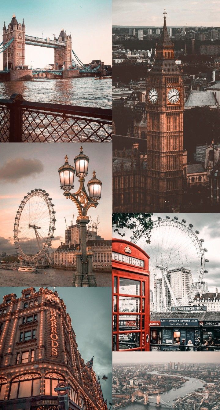 London, Tower Bridge, Big Ben, London Eye, Collage, Ästhetik, Android-Hintergrundbild
