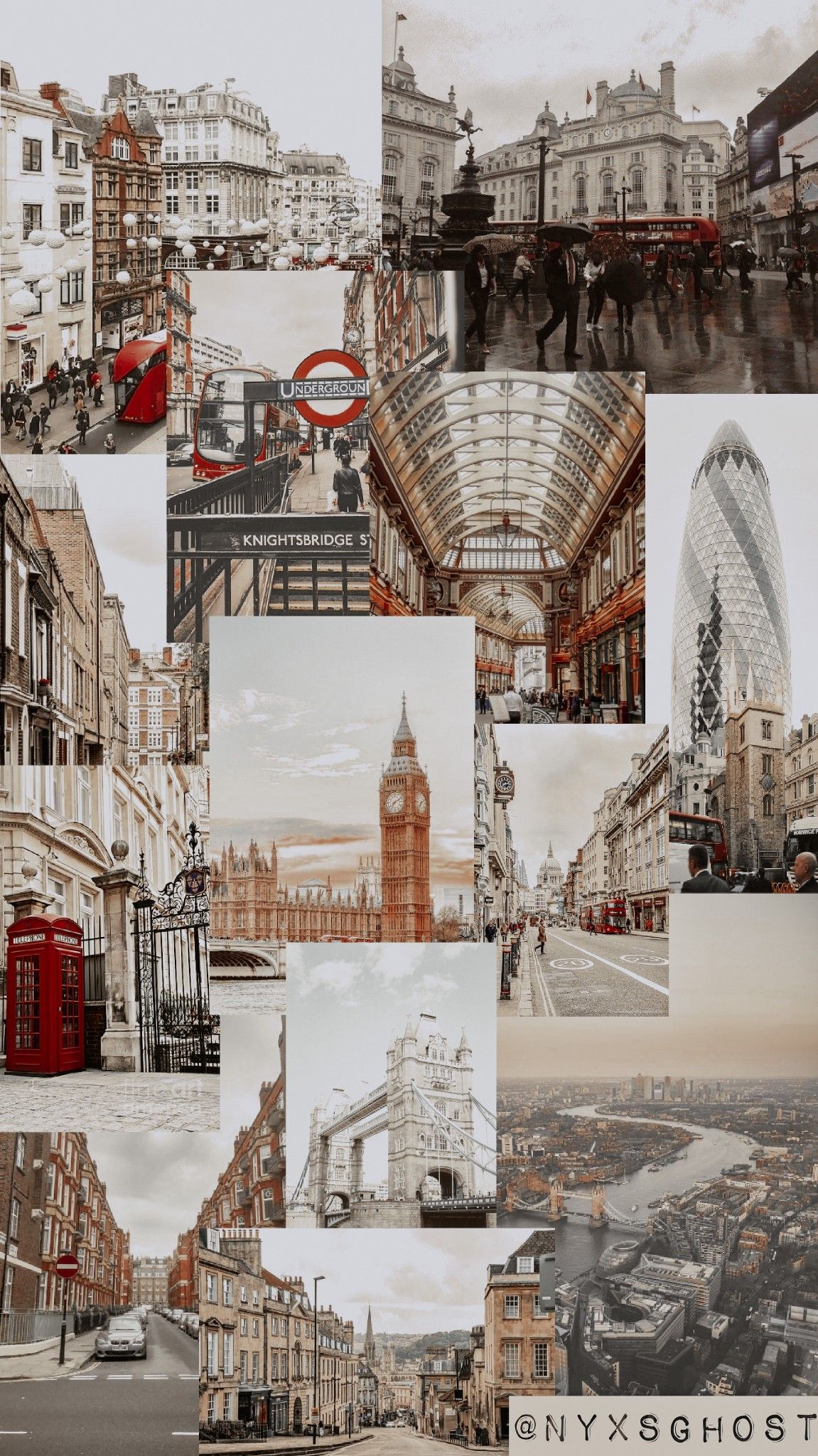 London, Collage, Telefonzelle, Big Ben, Gedeckte Töne, Hintergrundbild für iPhone und Android