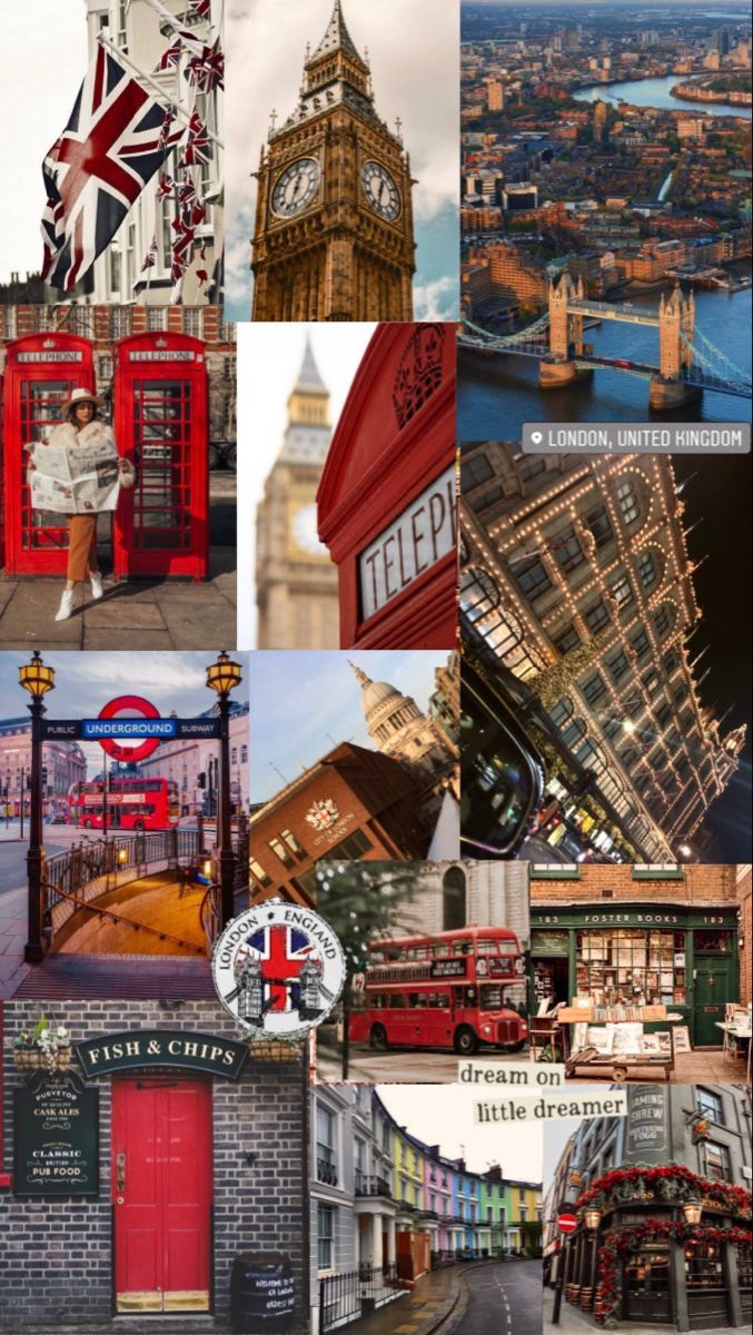 London, Collage, Union Jack, Doppeldeckerbus, Rot, Hochformat, Hintergrundbild fürs Smartphone