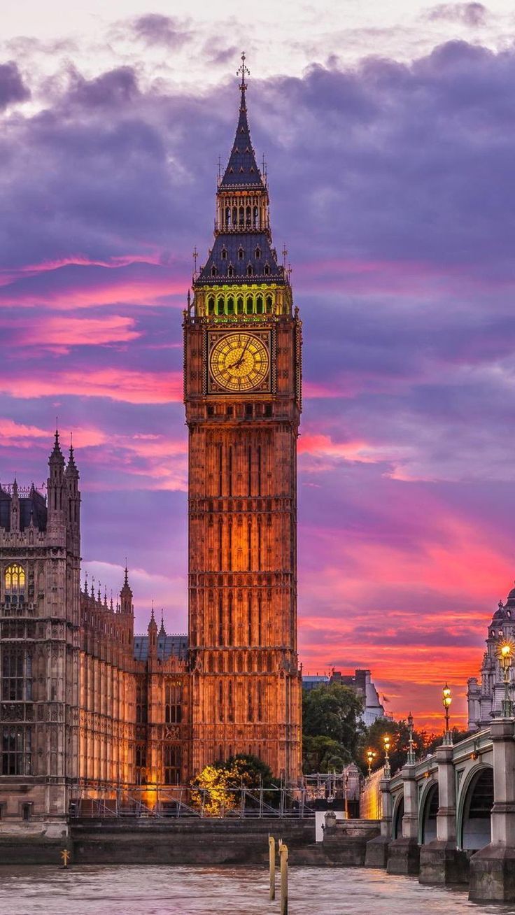 Big Ben, Elizabeth Tower, London, Lila Himmel, Sonnenuntergang, HD, Handy-Hintergrund