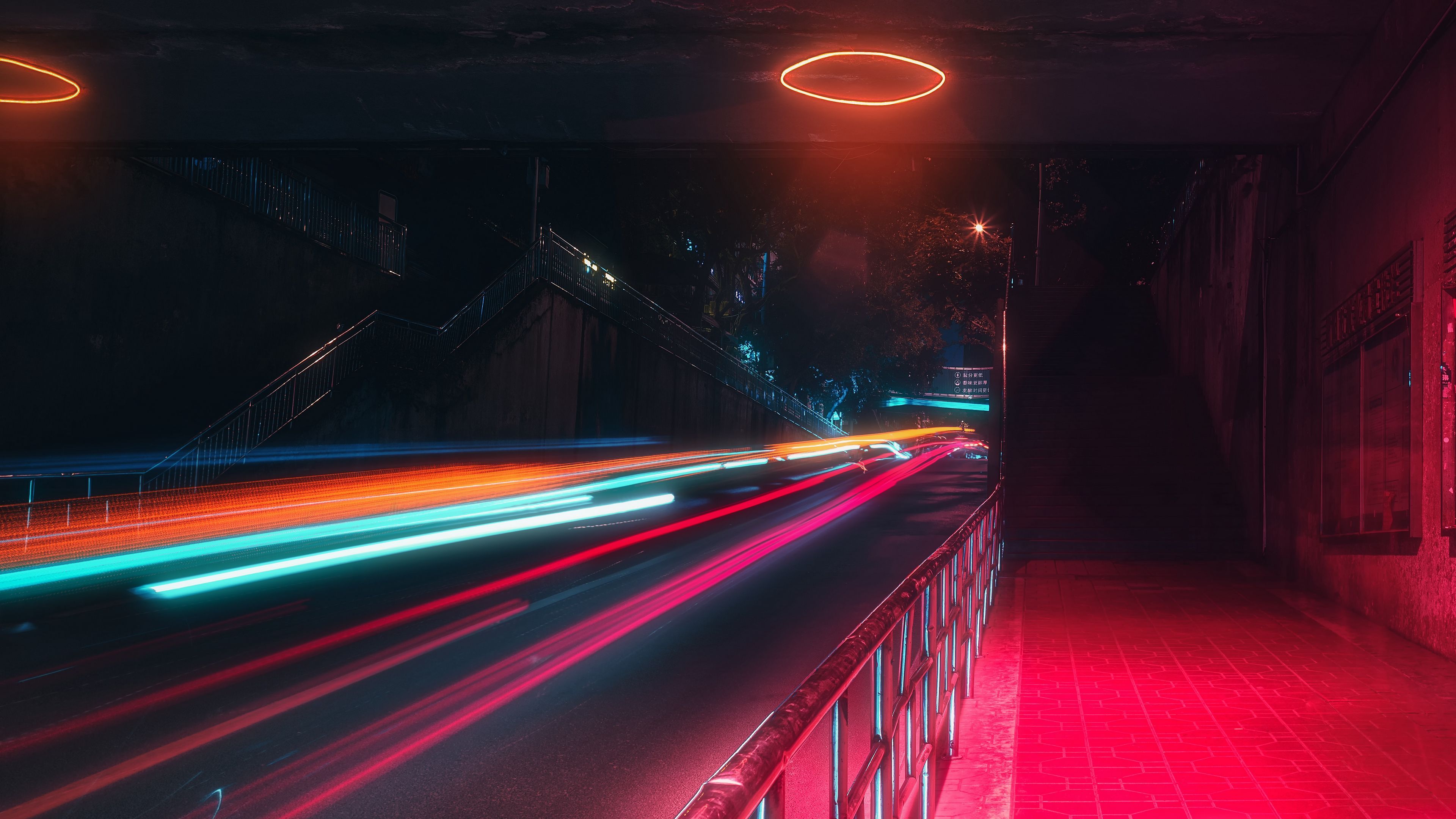Lichtspuren, Tunnel, Langzeitbelichtung, Rot, Türkis, 4K, Desktop-Hintergrund für Windows
