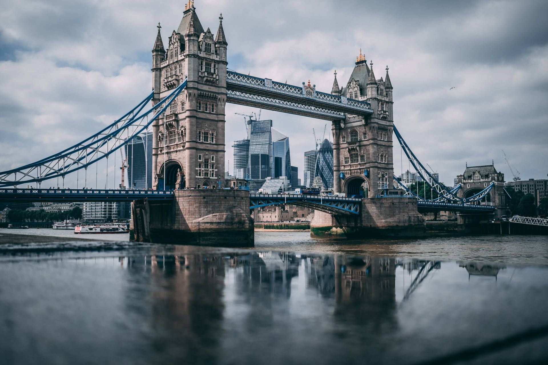 Tower Bridge, Themse, London, Spiegelung, Bewölkt, Full HD, Desktop-Hintergrund für Windows