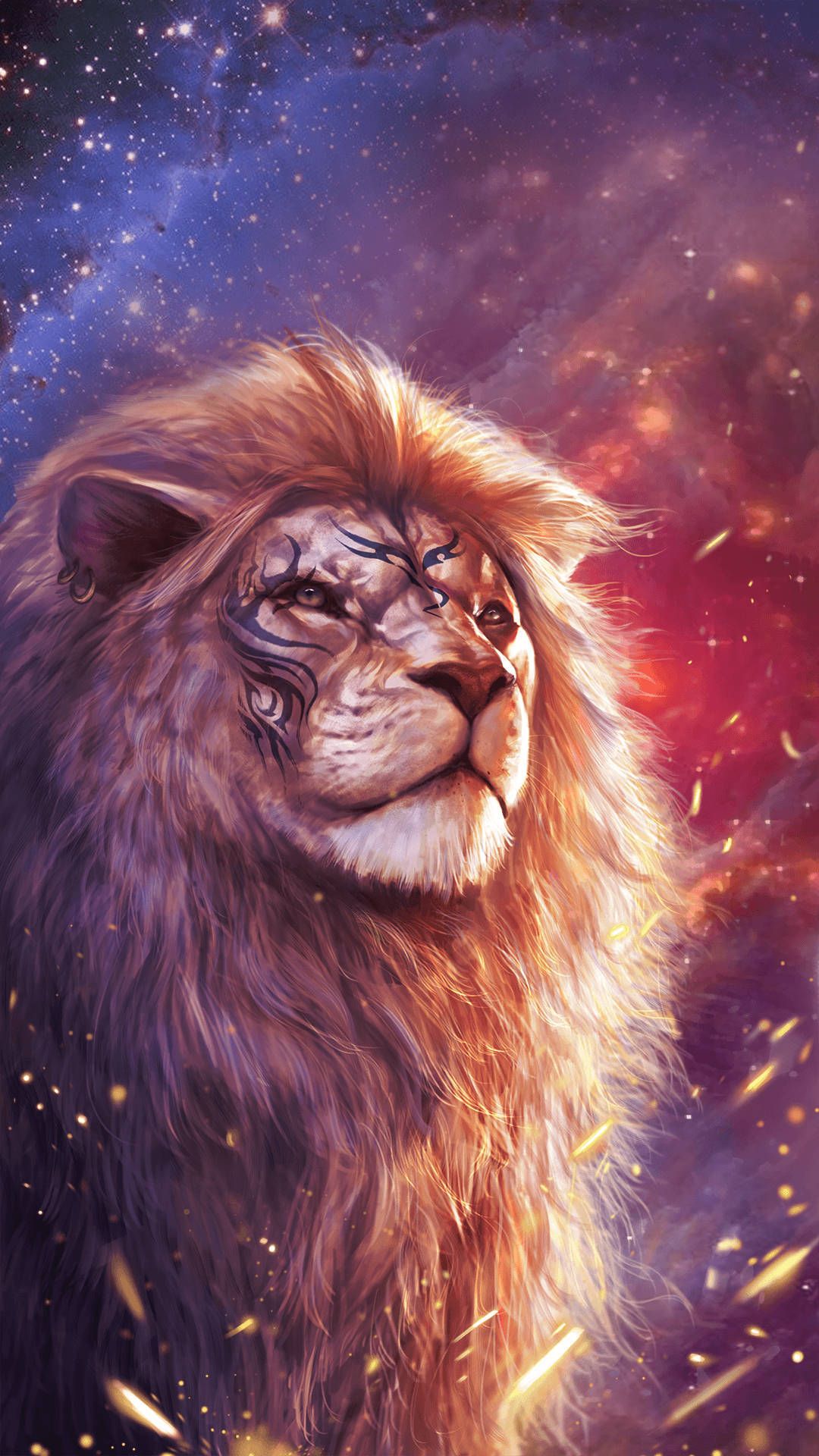 Löwe, Mähne, Weltall, Digitale Kunst, Rot, Lila, Full HD, Hintergrundbild fürs Handy