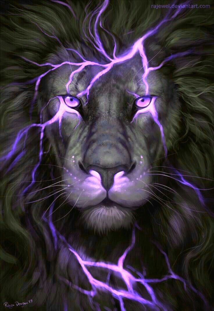 Schwarzer Löwe, Blitze, Lila, Dunkel, Fantasy, HD, Hintergrundbild fürs Tablet