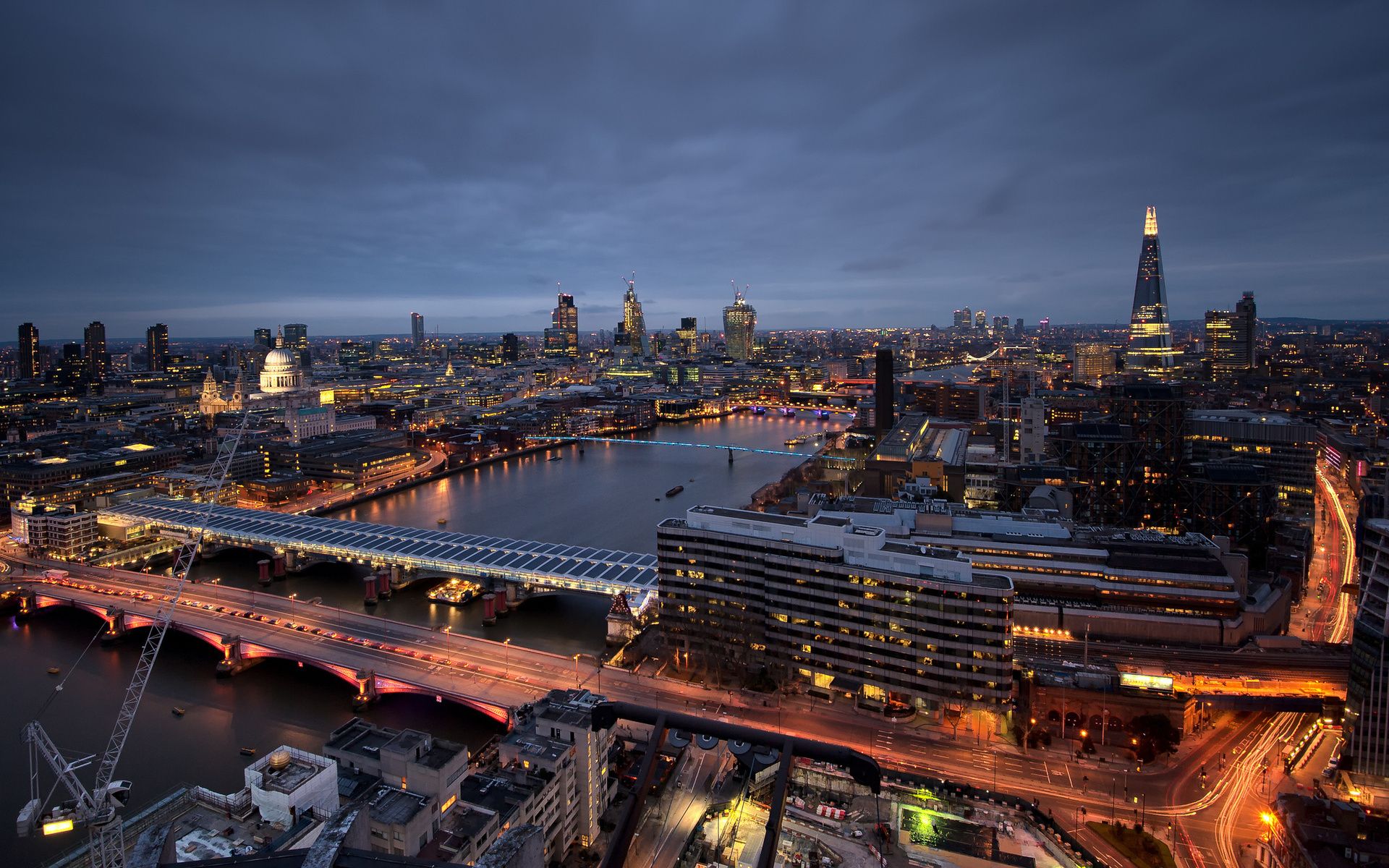 London, Themse, Brücken, Nacht, Luftaufnahme, 16:10, Full-HD-Hintergrundbild für den Desktop