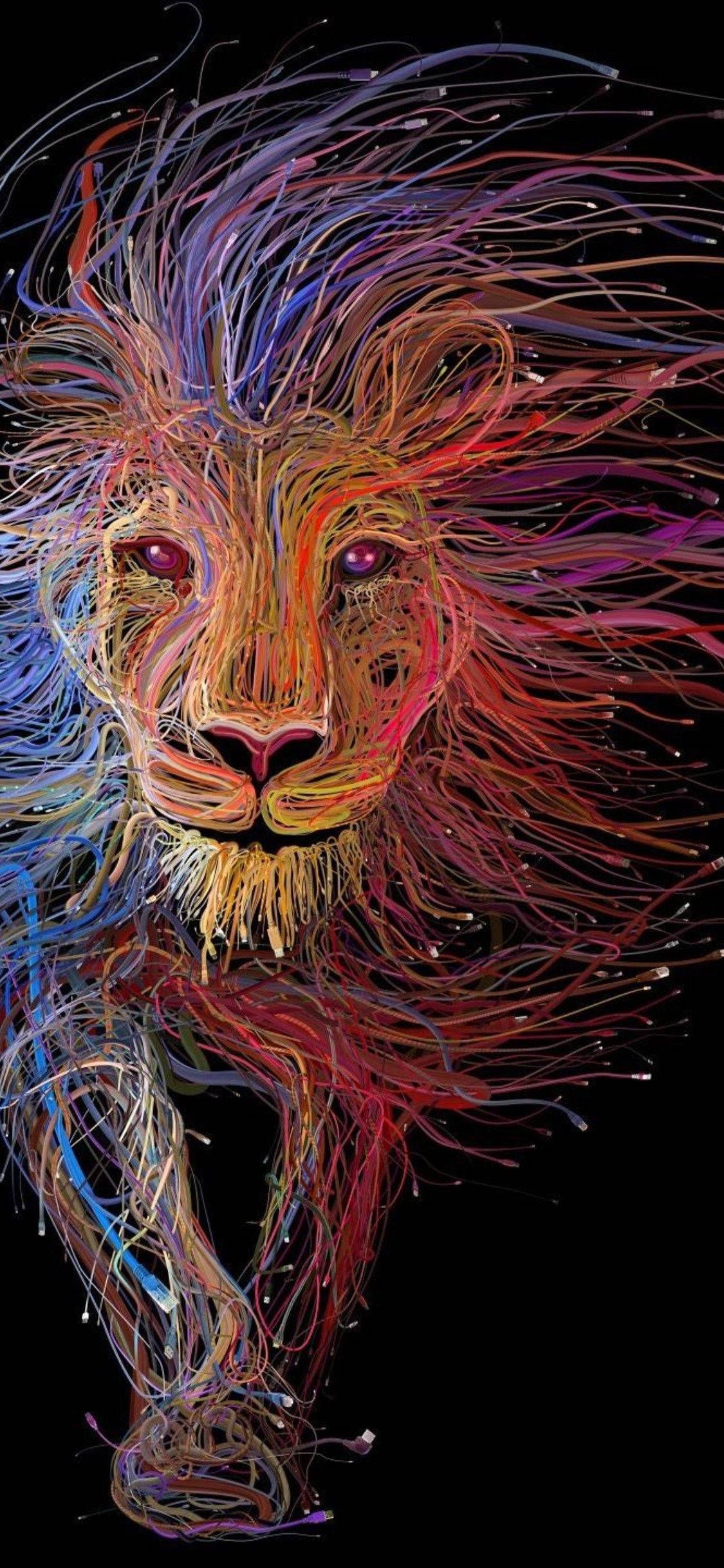 Löwe, Farbige Fäden, Abstrakt, Schwarzer Hintergrund, Bunt, Sperrbildschirm fürs iPhone