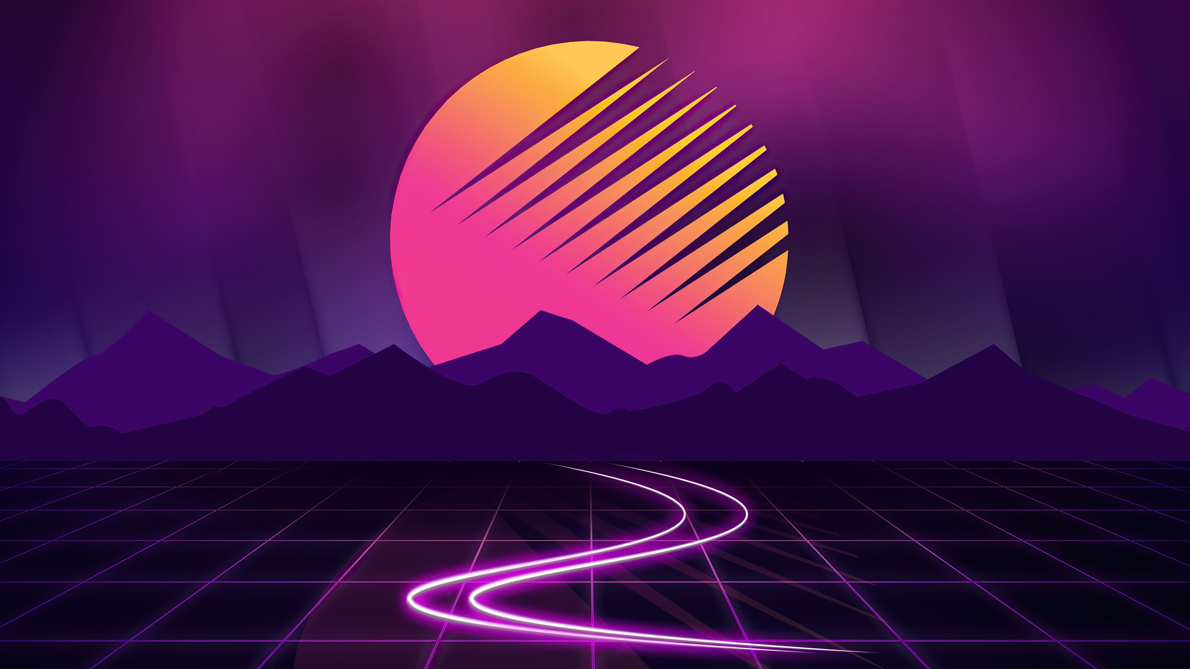 Retrowave, Sonne, Berge, Raster, Lila, 3840x2160, 4K-Hintergrundbild für PC