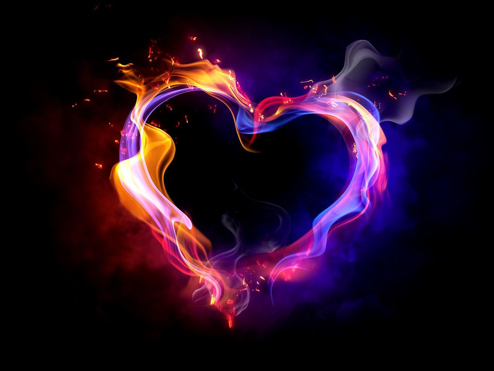Flammenherz, Feuer, Schwarzer Hintergrund, Bunte Flammen, HD Wallpaper