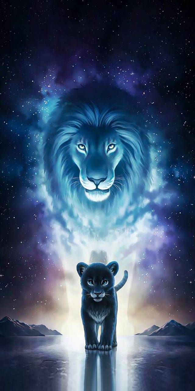 Simba, Mufasa, Der König der Löwen, Sternenhimmel, Blau, Fanart, Android-Hintergrundbild