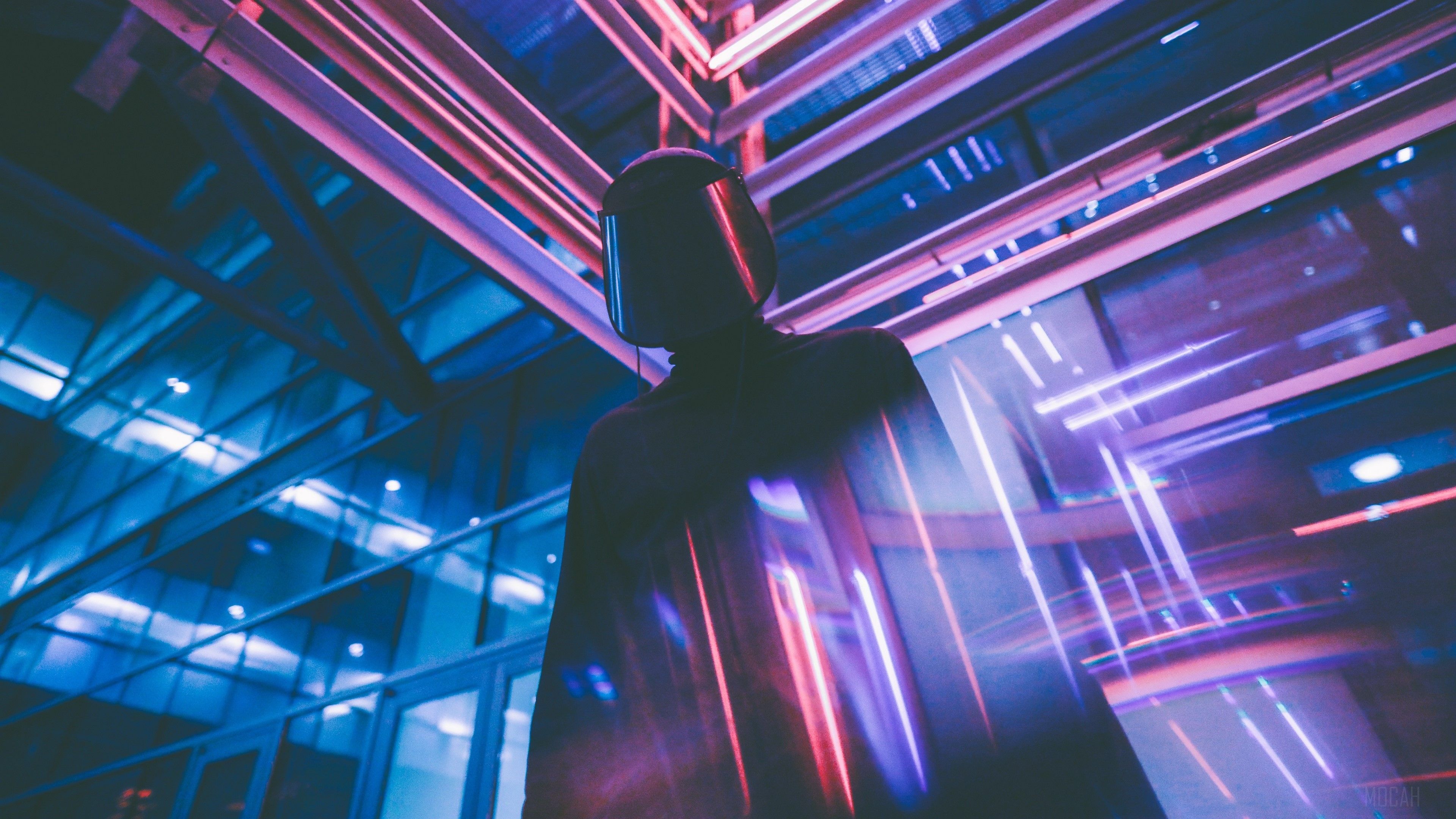 Silhouette, Mann, Neonlinien, Gebäude, Blau, 16:9, 4K-Hintergrundbild für den Desktop