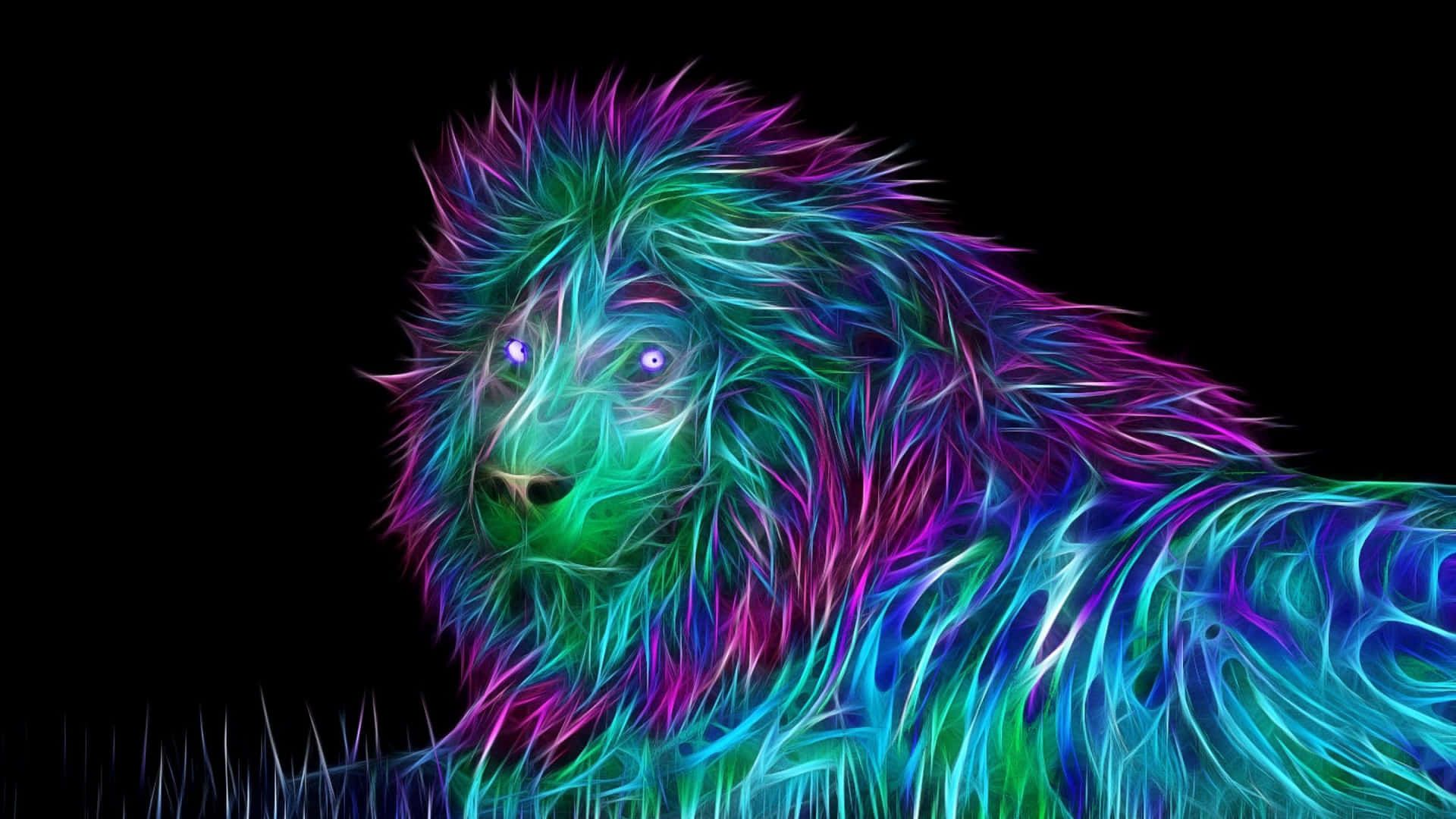 Löwe, Fraktal, Neon, Grün, Lila, Schwarzer Hintergrund, Full HD Wallpaper