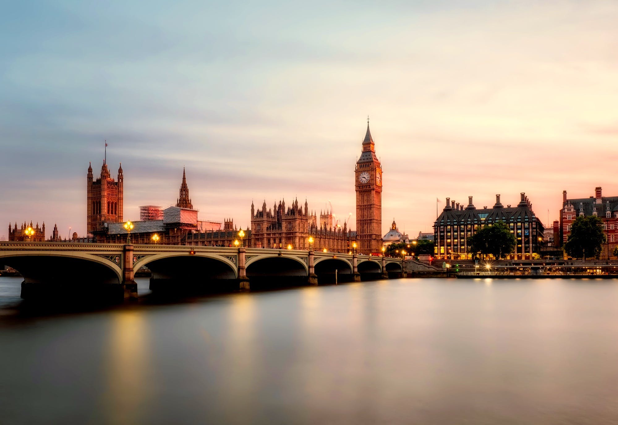 Palace of Westminster, Big Ben, Westminster Bridge, Themse, Sonnenuntergang, Full-HD-Hintergrundbild