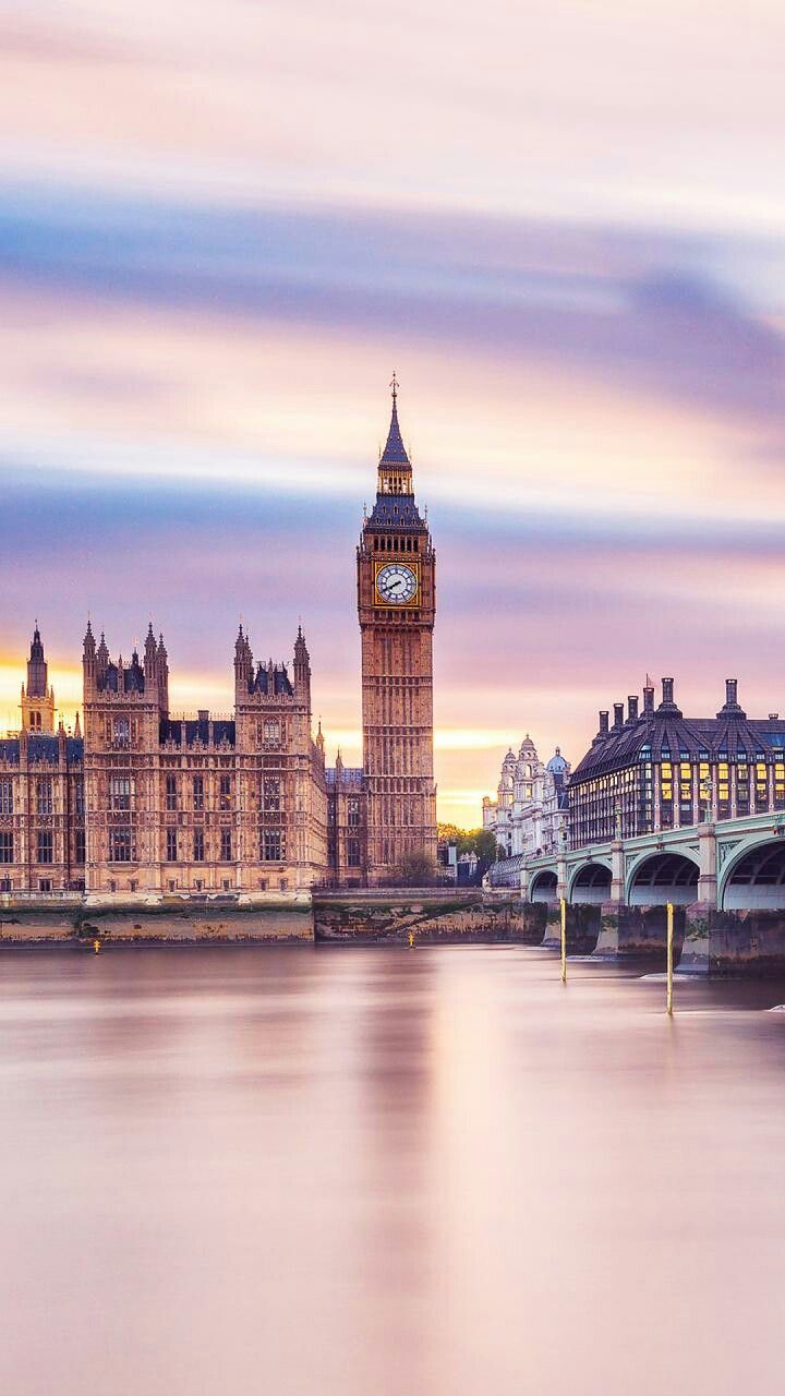 Palace of Westminster, Big Ben, Themse, Rosa Himmel, Langzeitbelichtung, Hintergrundbild fürs Handy