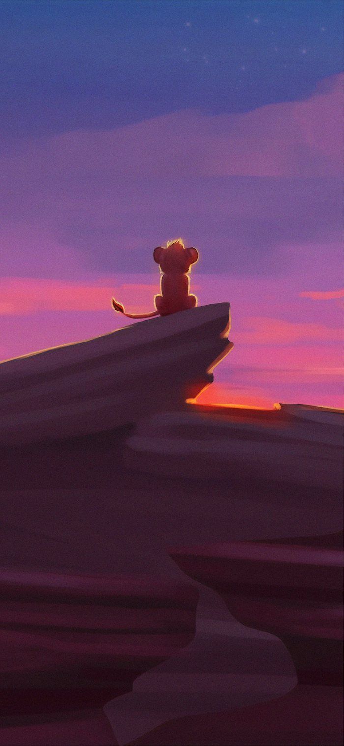 Simba, Königsfelsen, Der König der Löwen, Sonnenuntergang, Lila Himmel, Hintergrundbild fürs Handy