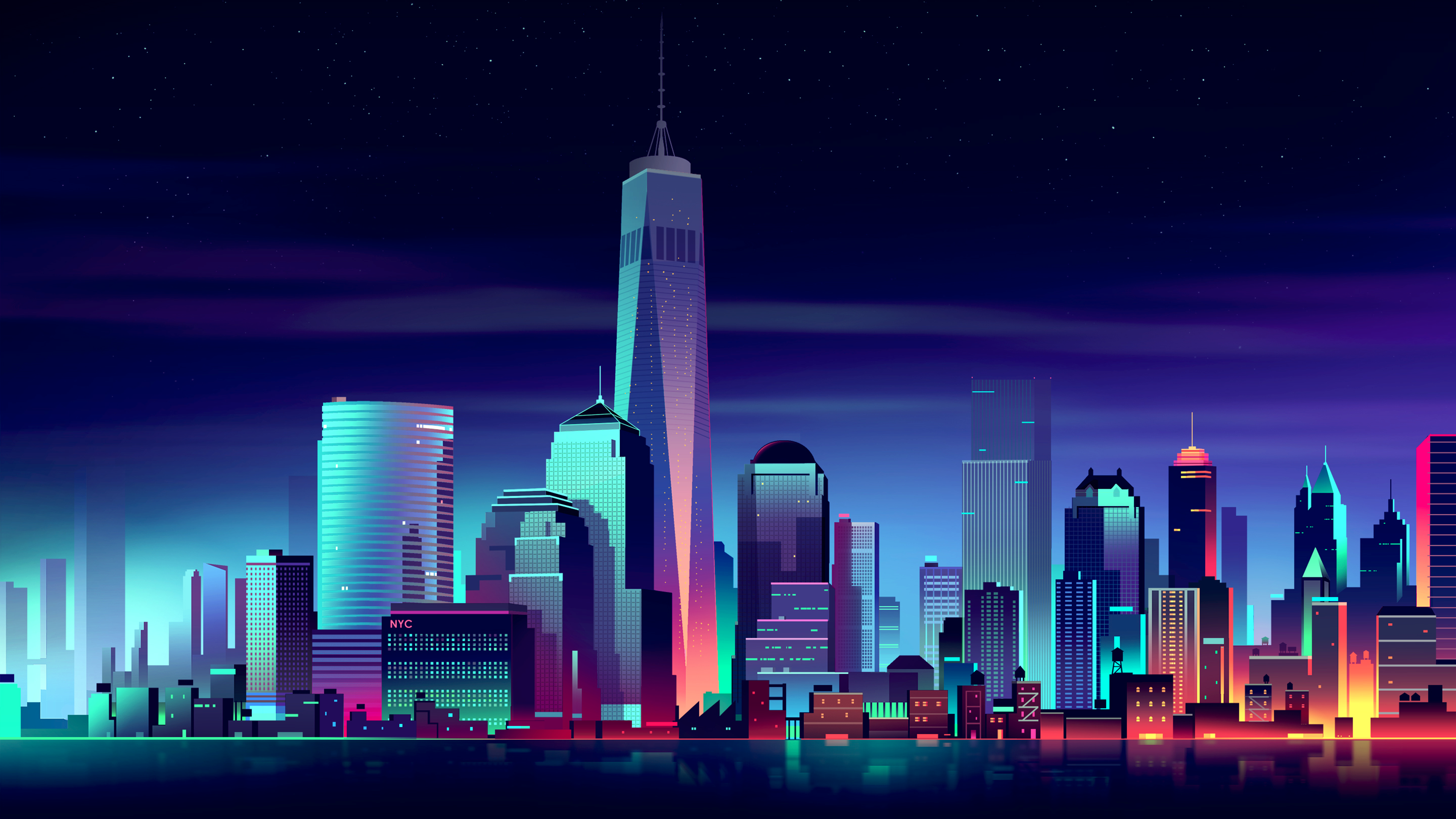 One World Trade Center, New York, Manhattan, Skyline, Nacht, Illustration, 4K, Breitbild-Hintergrundbild