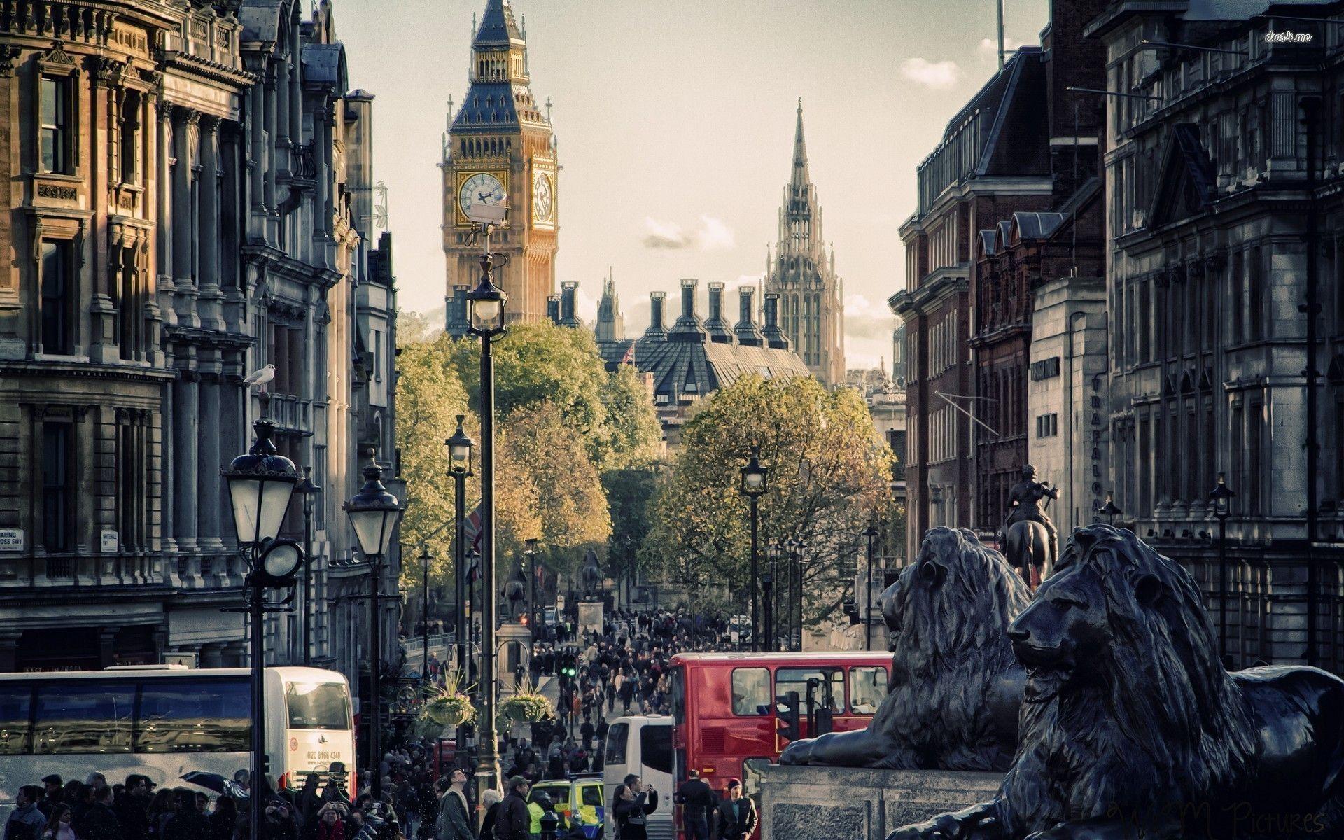 Trafalgar Square, Big Ben, London, Löwenstatue, Doppeldeckerbus, Full HD, Windows-Hintergrundbild