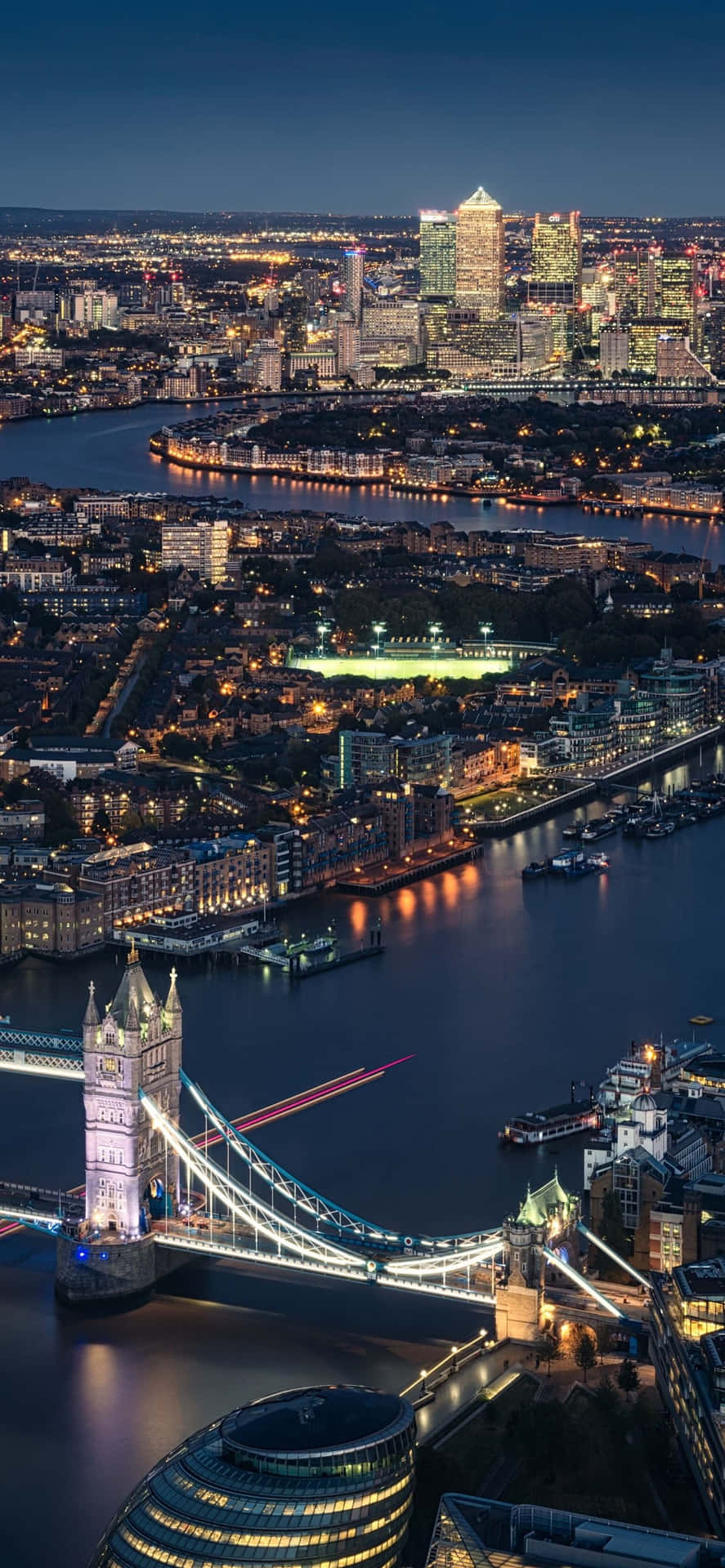 London, Tower Bridge, Canary Wharf, Nacht, Luftaufnahme, HD, Handy-Hintergrundbild