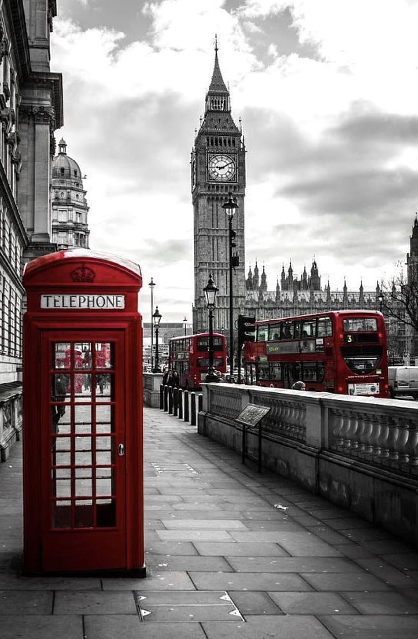 London, Rote Telefonzelle, Big Ben, Color Key, Schwarz-Weiß, Sperrbildschirm fürs iPhone