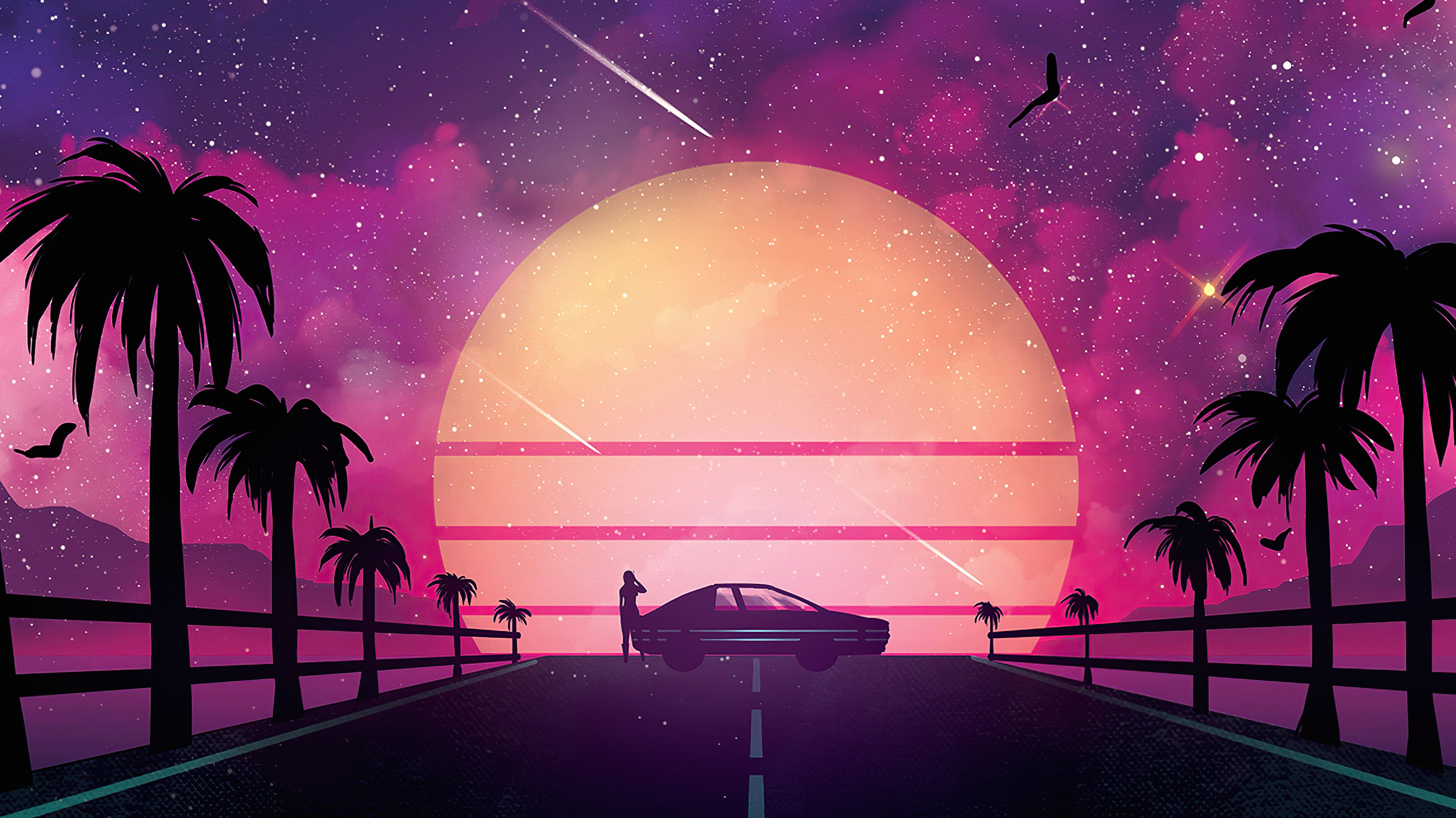 Sonnenuntergang, Palmen, Auto, Synthwave, Pink, Sterne, 5K, Hintergrund für den Desktop