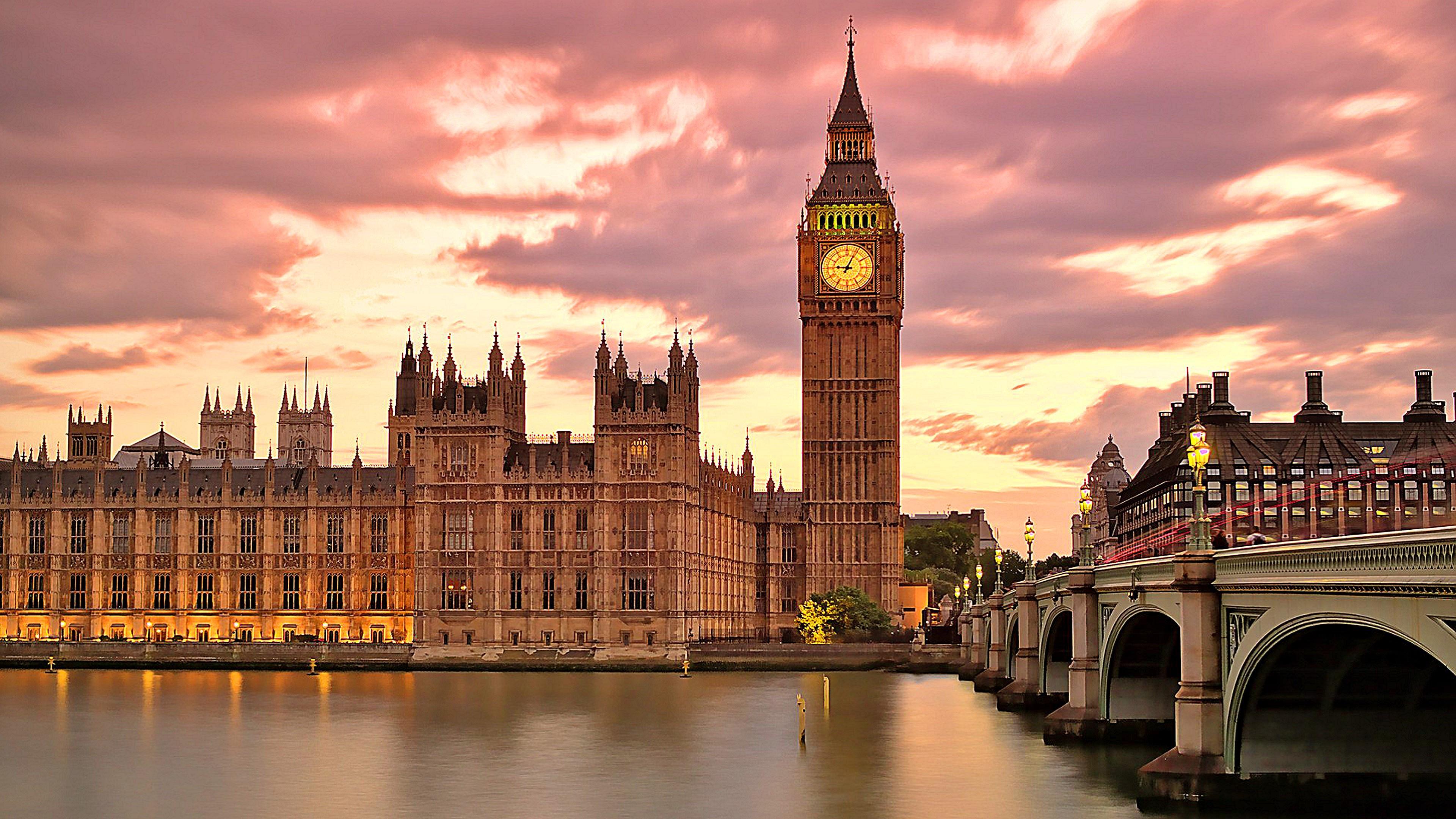 Palace of Westminster, Big Ben, Westminster Bridge, Themse, Rosa Wolken, 3840x2160, PC-Hintergrundbild